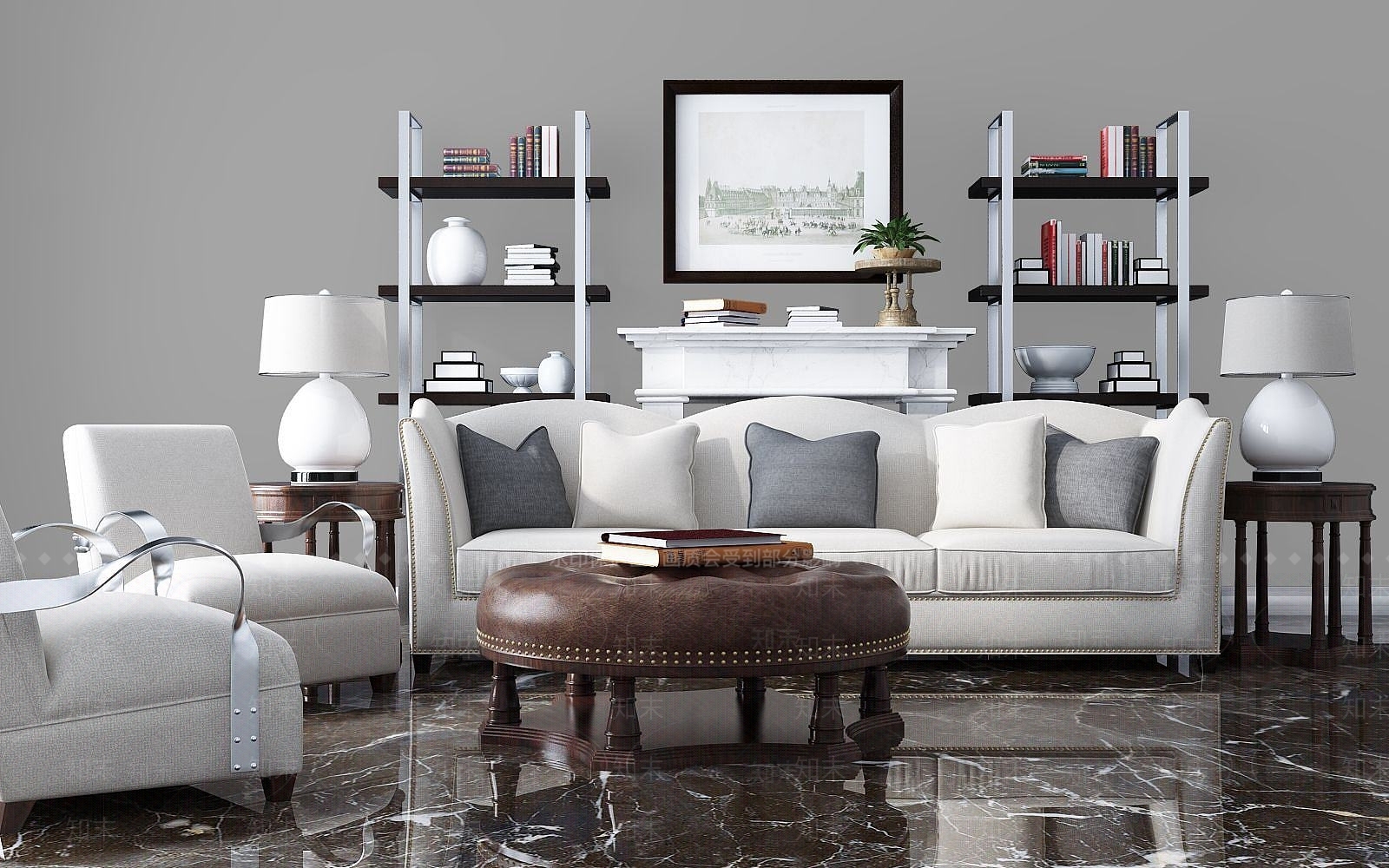 美式沙发茶几组合3D模型下载【ID:1189643196】