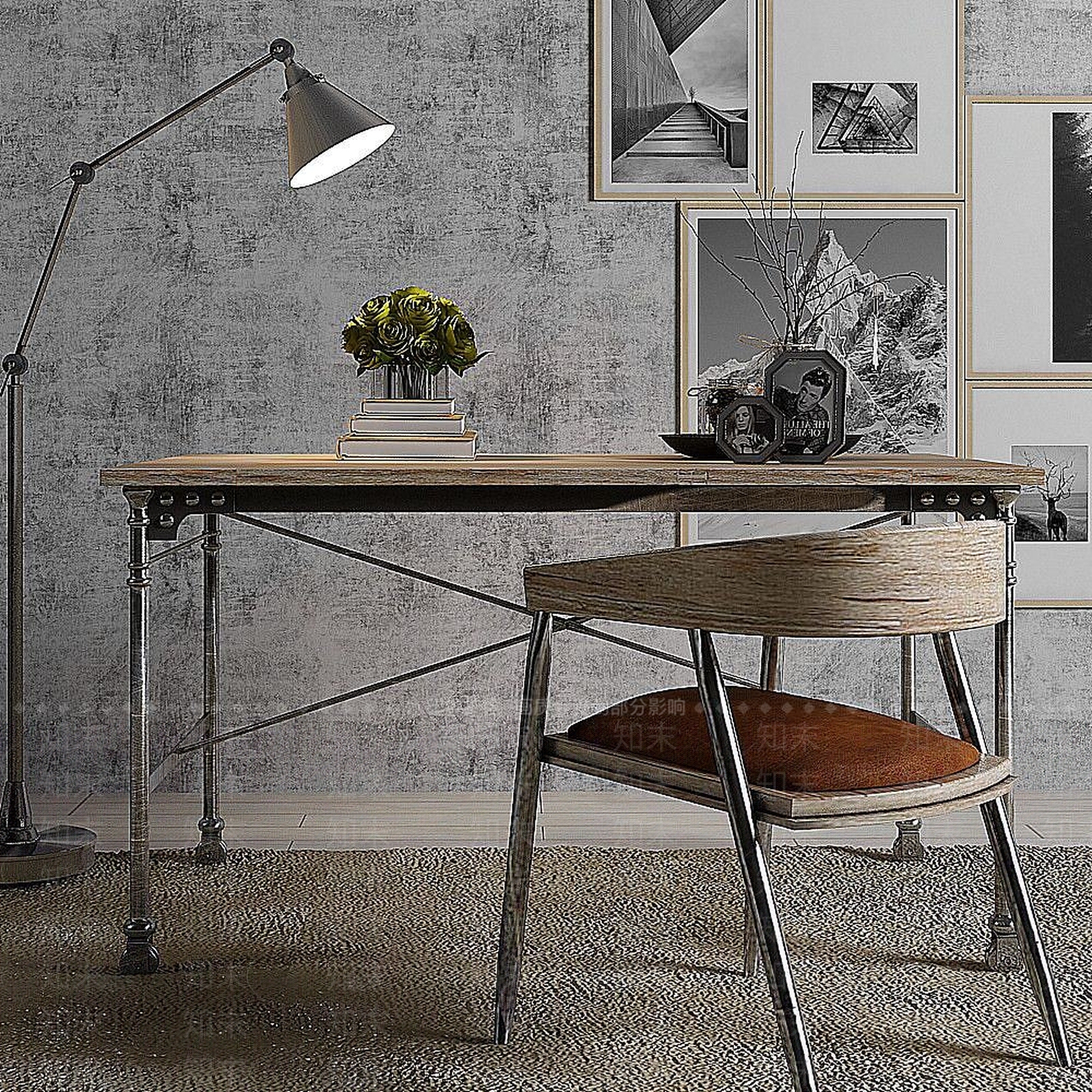 工业风书桌椅子3D模型下载【ID:1189643367】