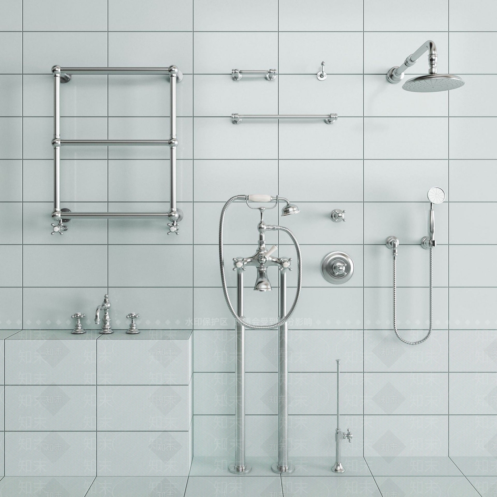 现代淋浴花洒五金件组合3D模型下载【ID:1189667182】