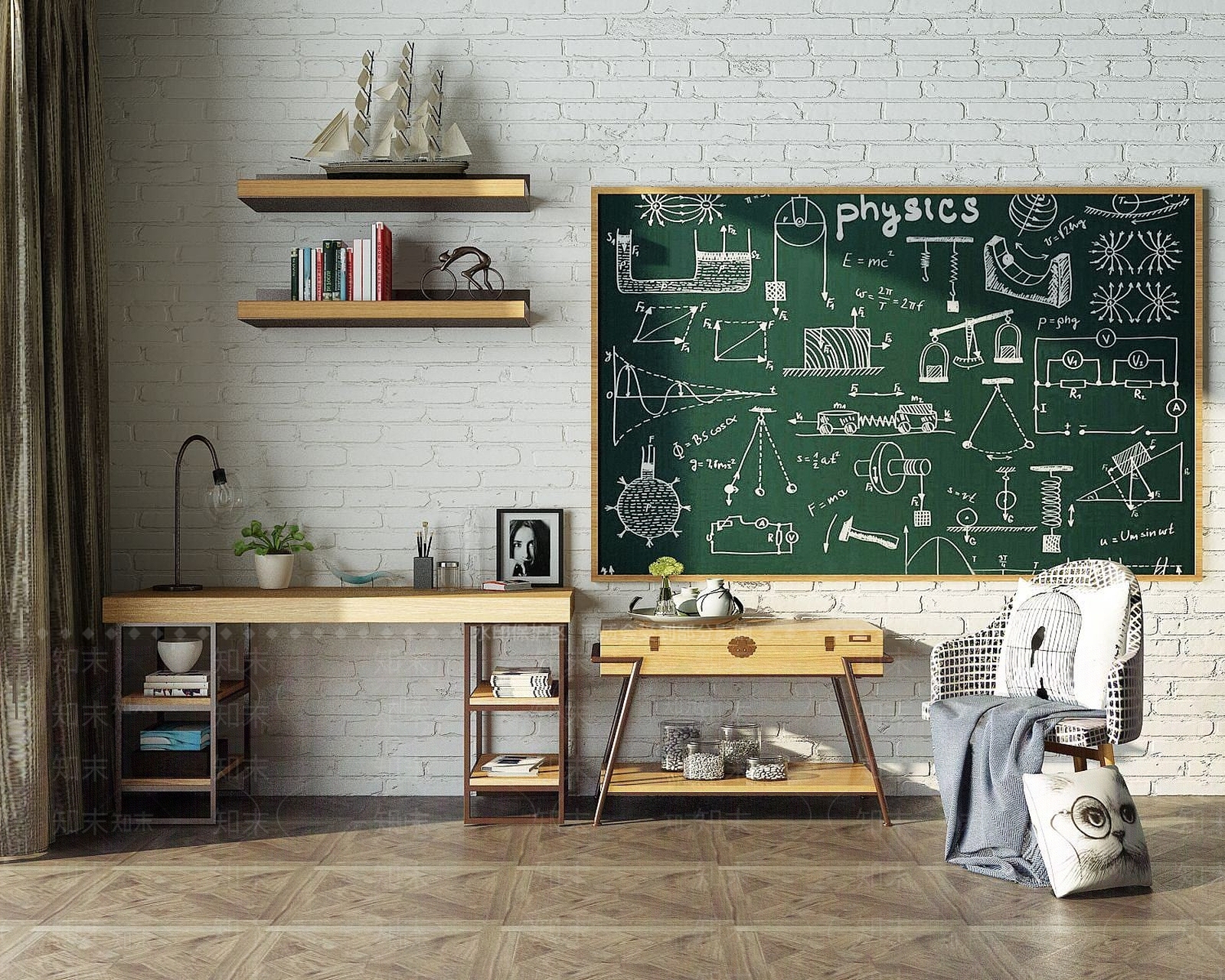 北欧书桌书架休闲椅3D模型下载【ID:1189669266】