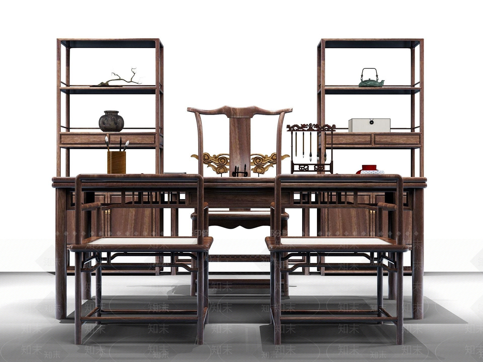 现代实木书桌装饰架组合3D模型下载【ID:1189670358】