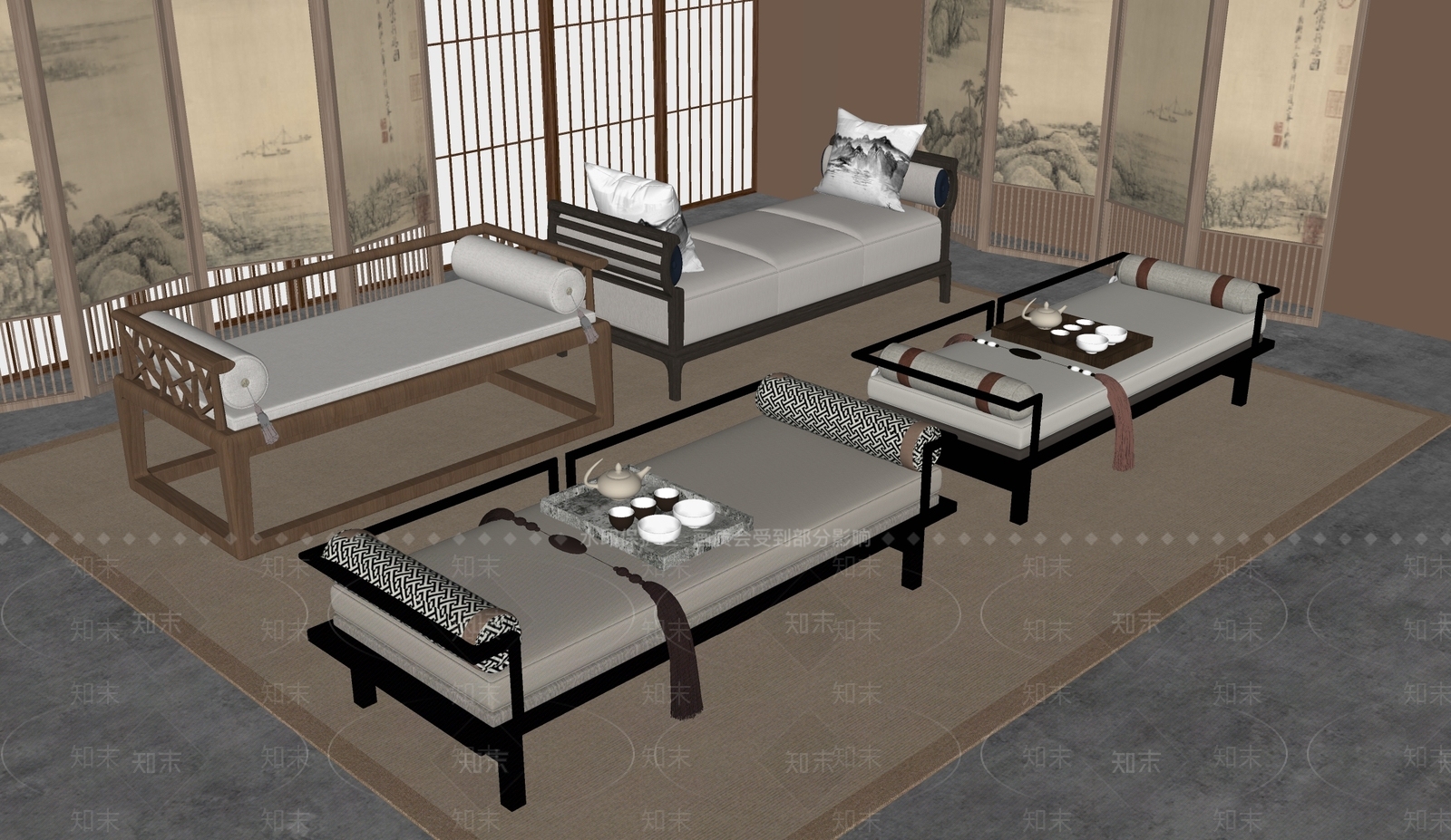 新中式罗汉床SU模型下载【ID:1189776369】