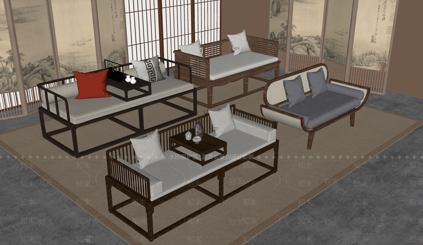 新中式罗汉床SU模型下载【ID:1189785680】