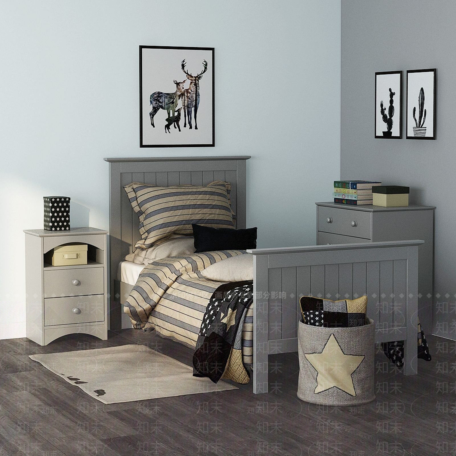 现代儿童卧室床家具组合3D模型下载【ID:1189831487】