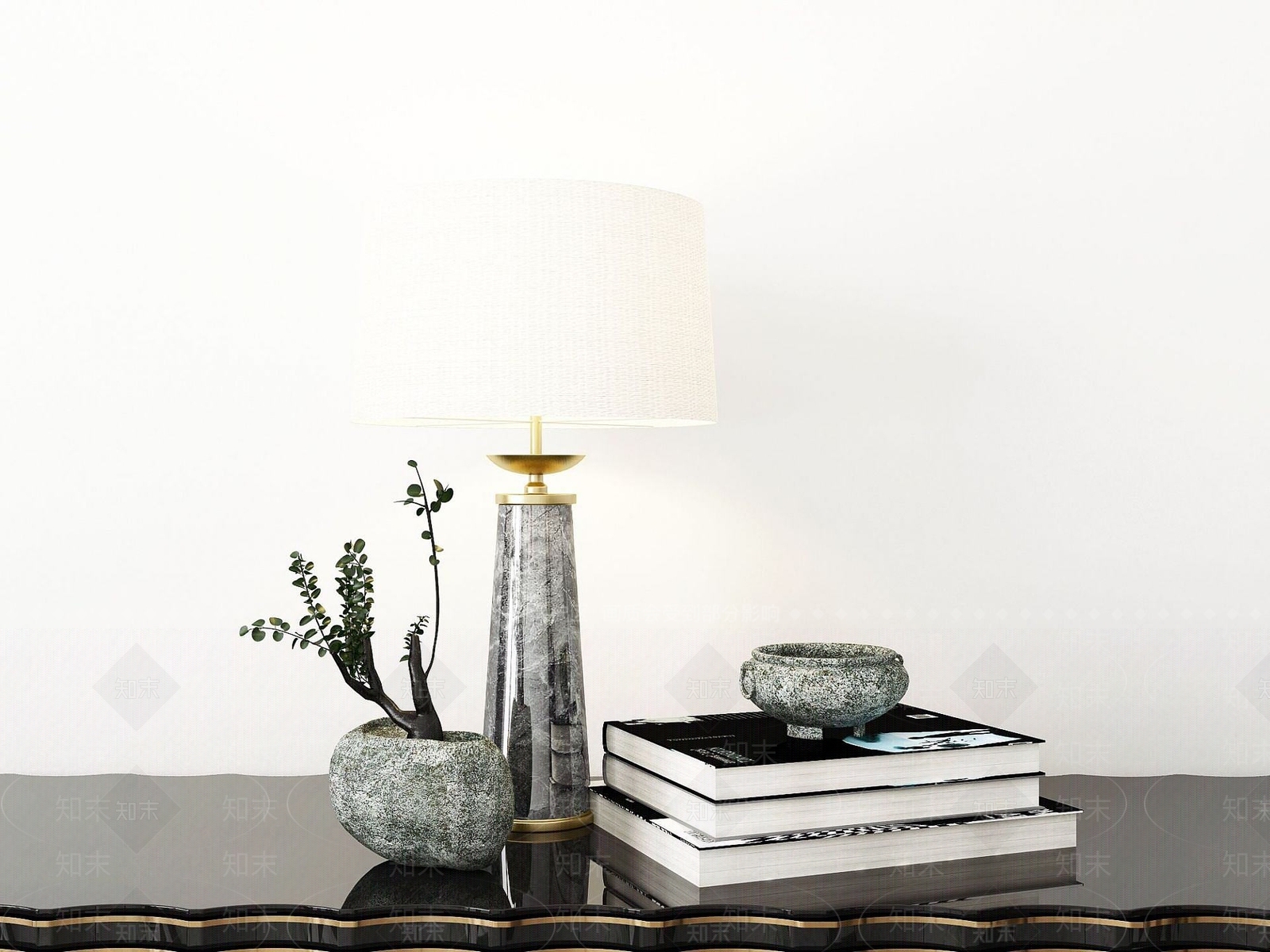 现代台灯书籍绿植摆件组合3D模型下载【ID:1189837116】