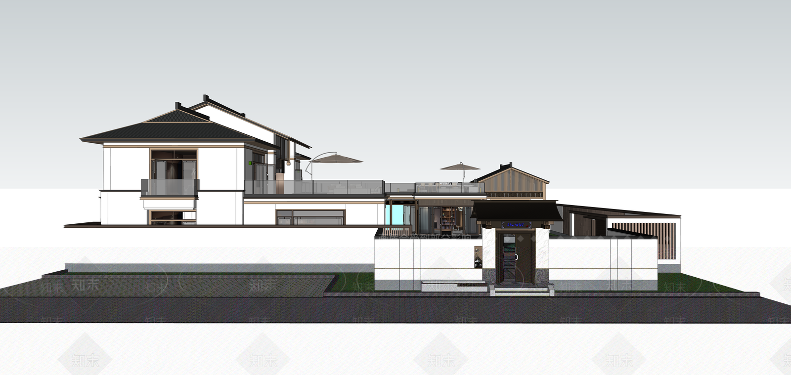 现代新中式别墅庭院SU模型下载【ID:1189849358】