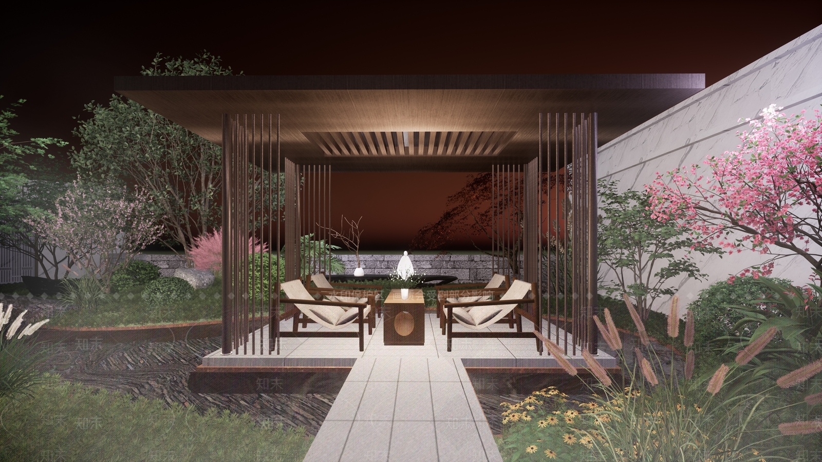 现代新中式屋顶花园SU模型下载【ID:1190085660】