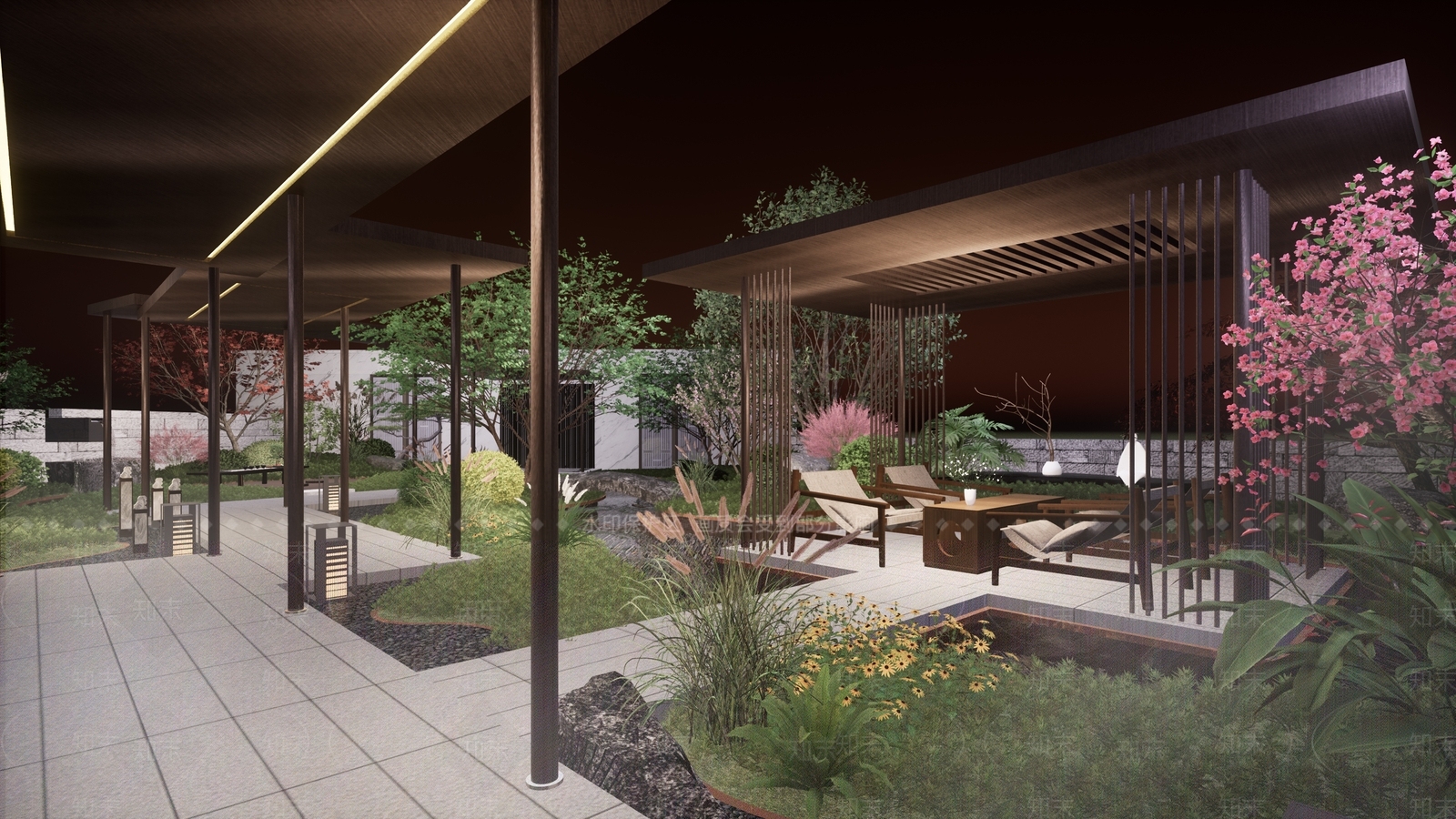 现代新中式屋顶花园SU模型下载【ID:1190085660】
