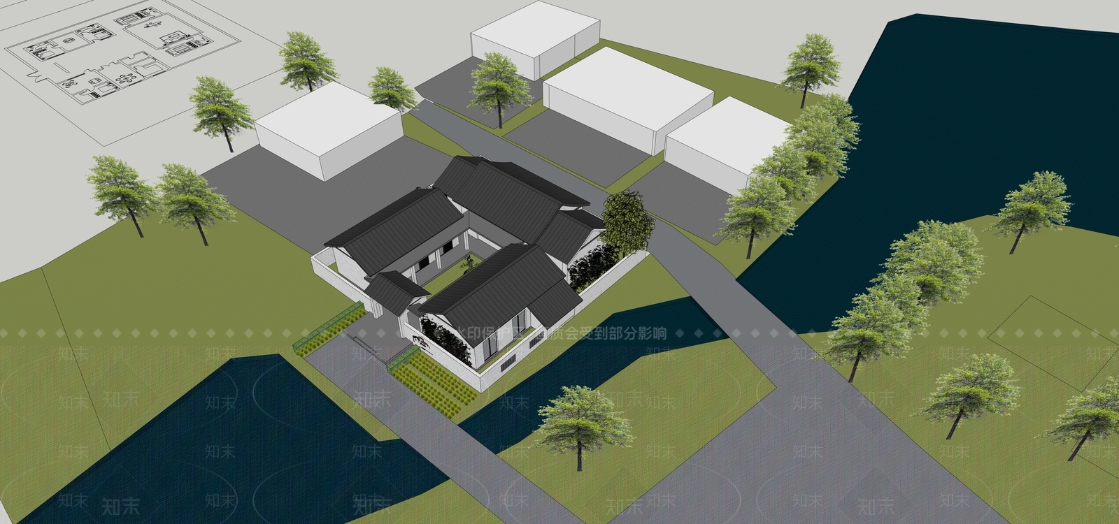 新中式民宿建筑SU模型下载【ID:1189916533】