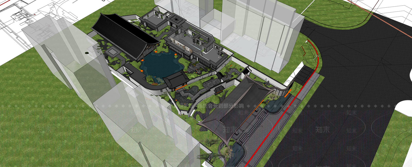 新中式现代办公景观SU模型下载【ID:1189995557】