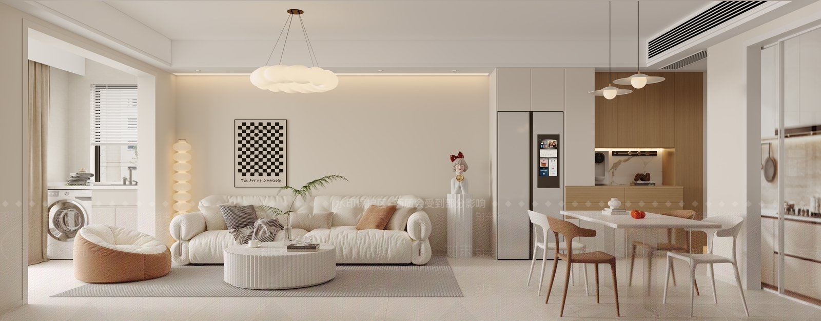 现代奶油客餐厅3D模型下载【ID:1190013672】