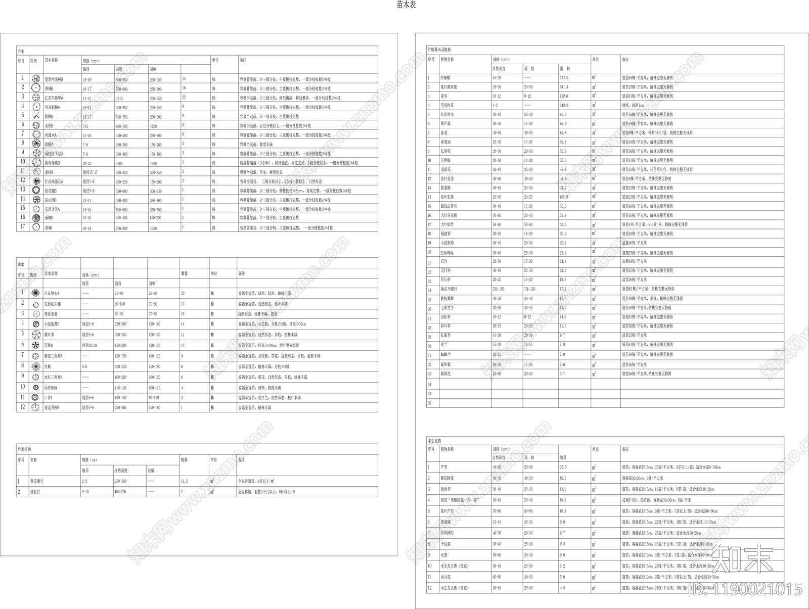 中式植物配置图库cad施工图下载【ID:1190021015】
