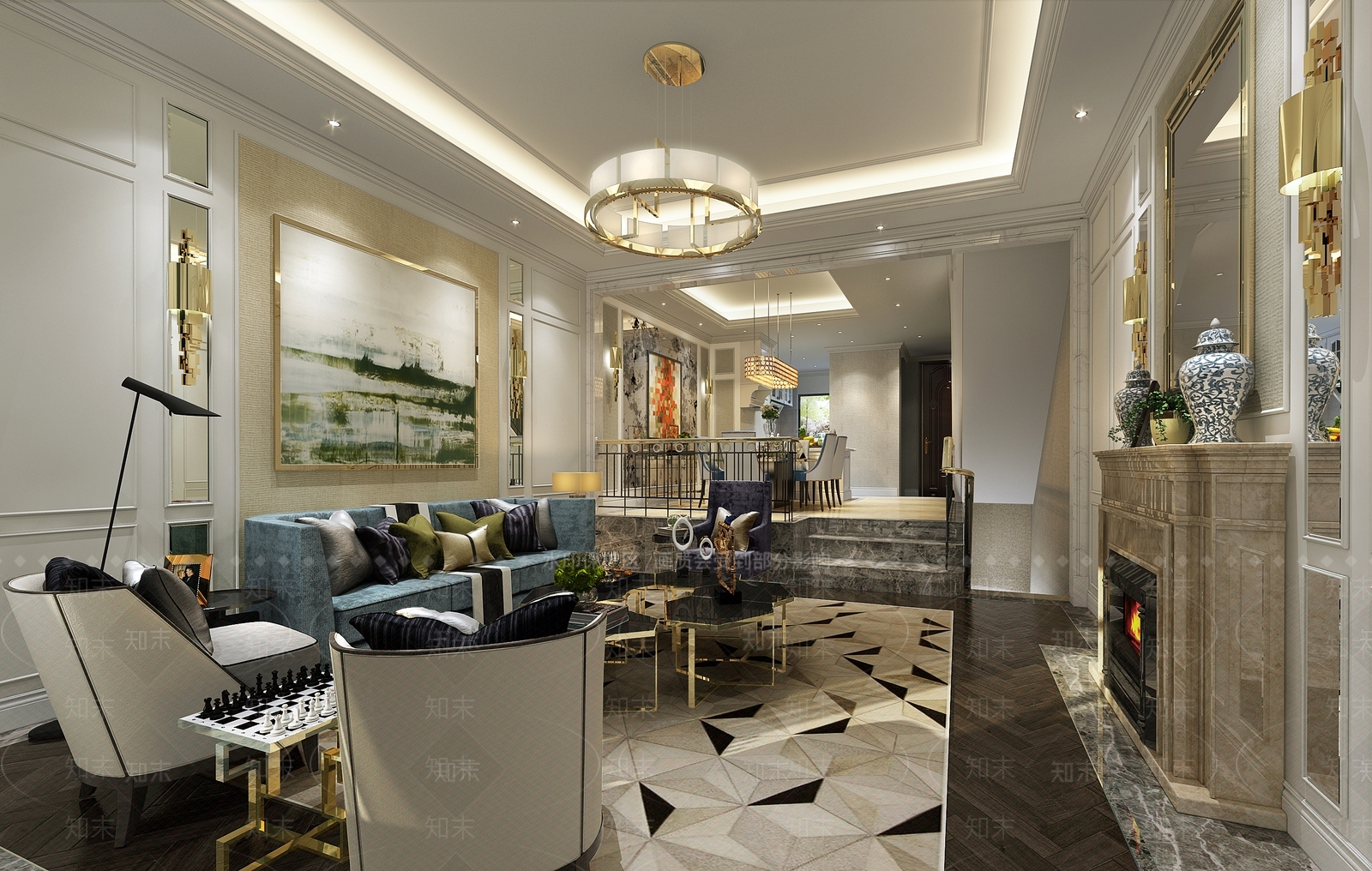 欧式简欧别墅客厅3D模型下载【ID:1190031555】