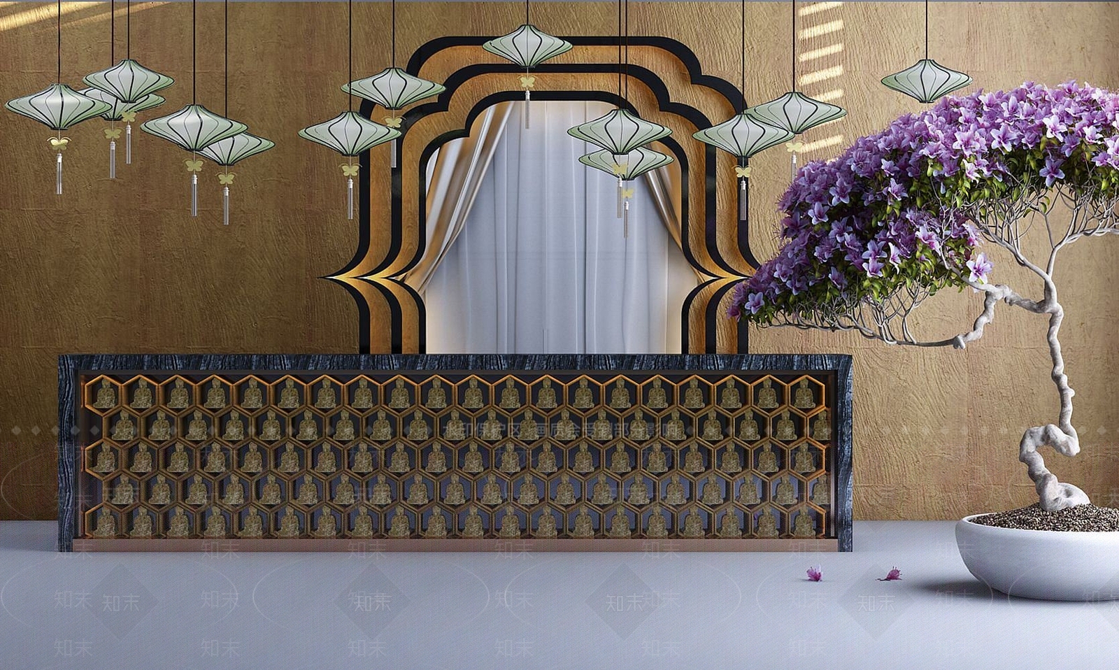中式前台背景墙3D模型下载【ID:1190038966】