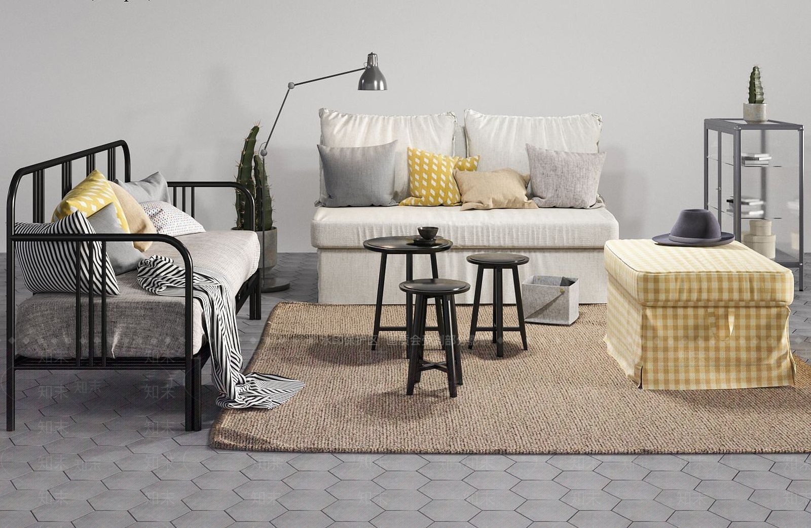 现代北欧双人沙发茶几组合3D模型下载【ID:1190051047】