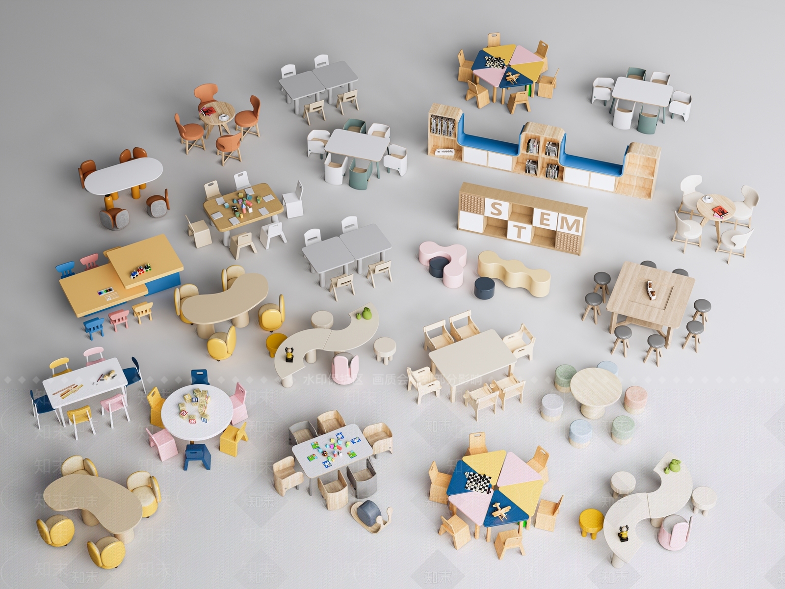 新中式儿童桌椅3D模型下载【ID:1190059744】