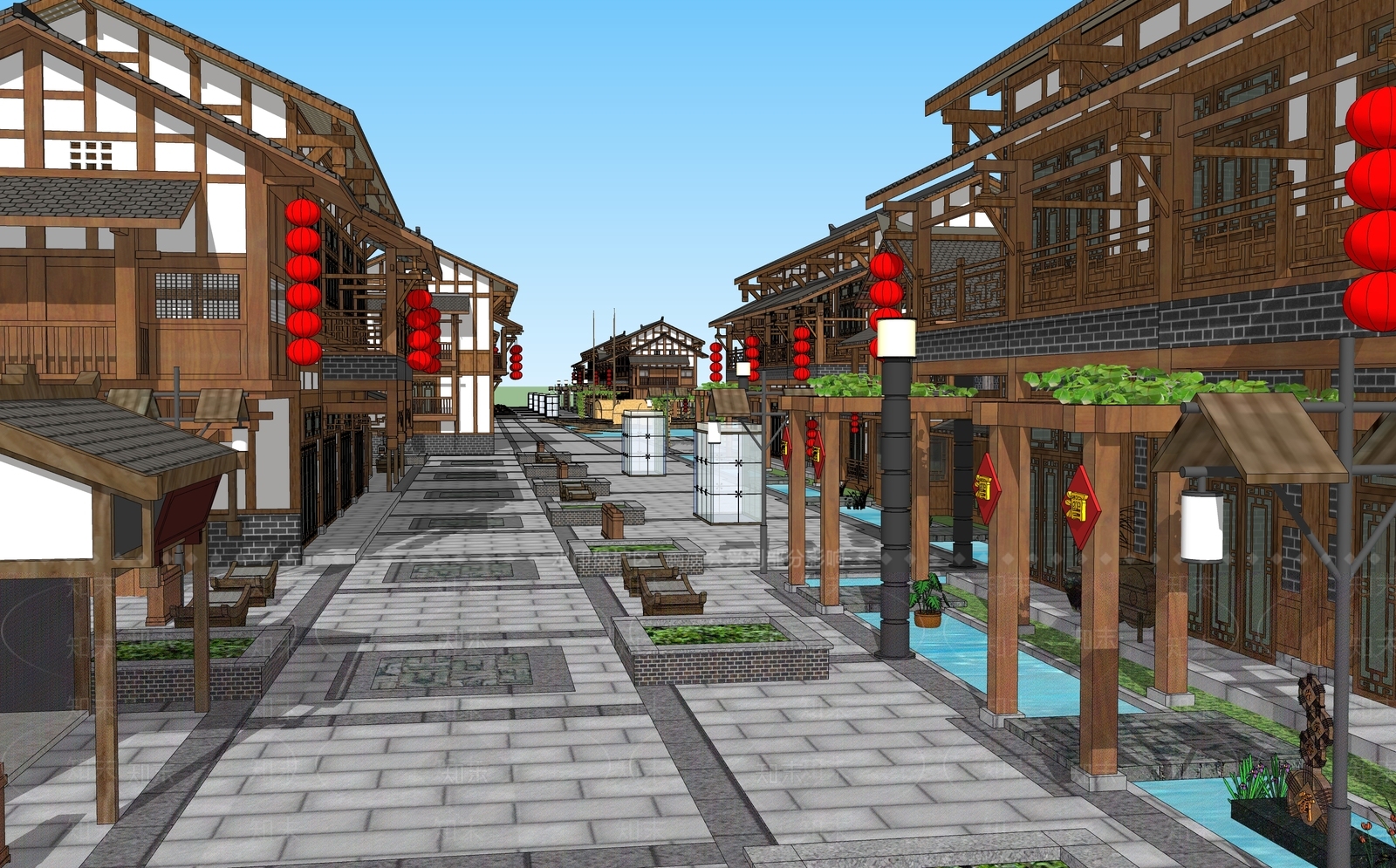 新中式商业街SU模型下载【ID:1190104380】