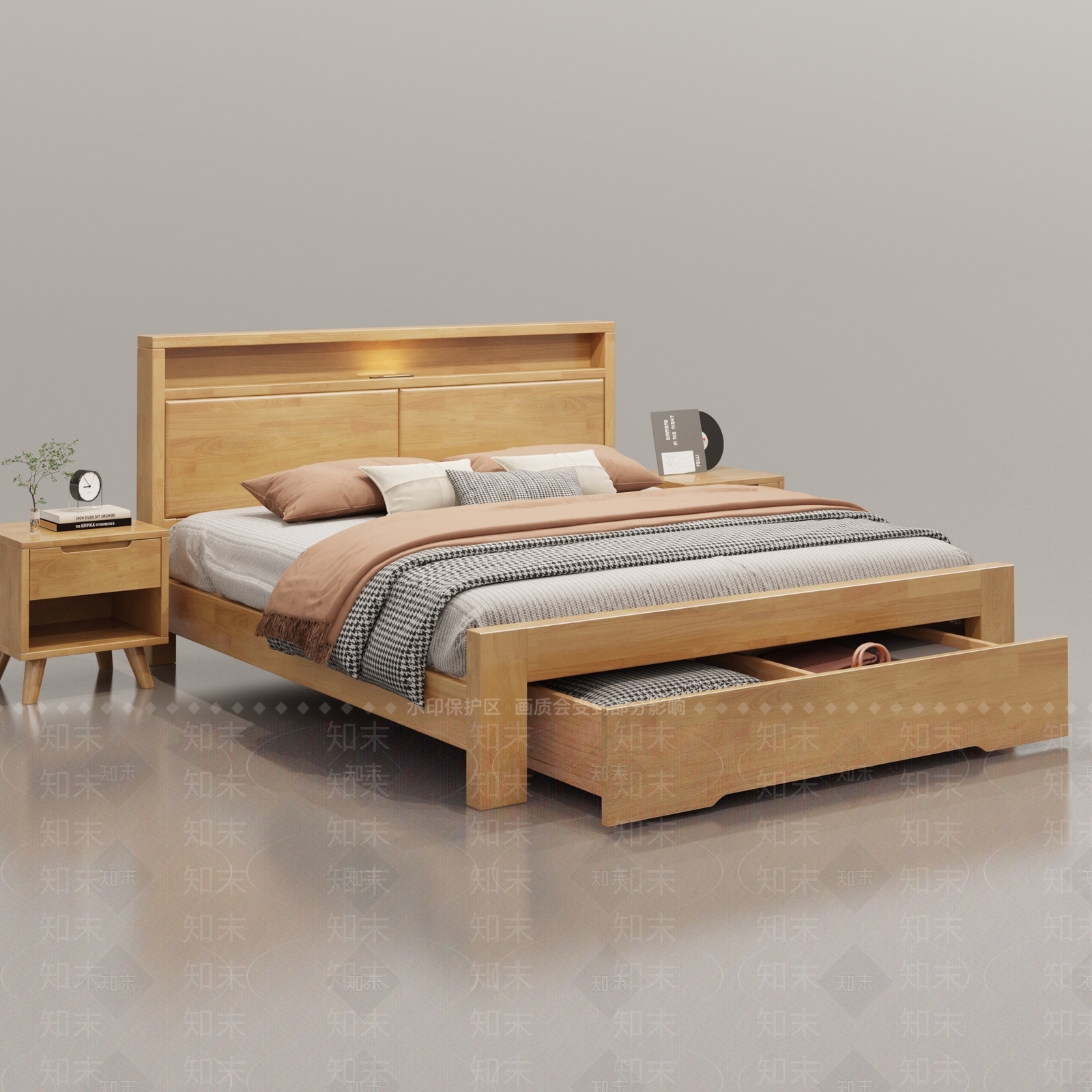 原木北欧双人床3D模型下载【ID:1190127788】