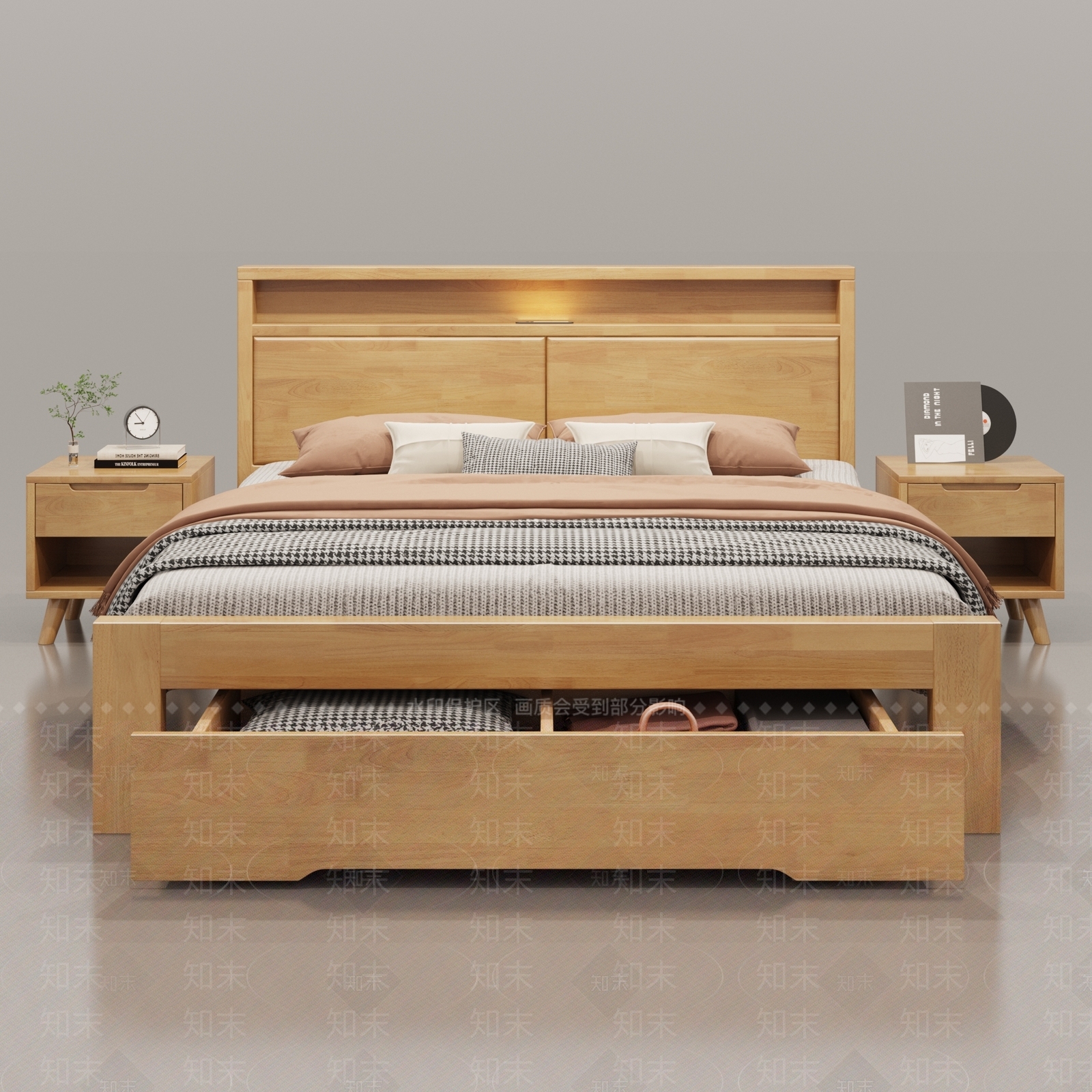 原木北欧双人床3D模型下载【ID:1190127788】