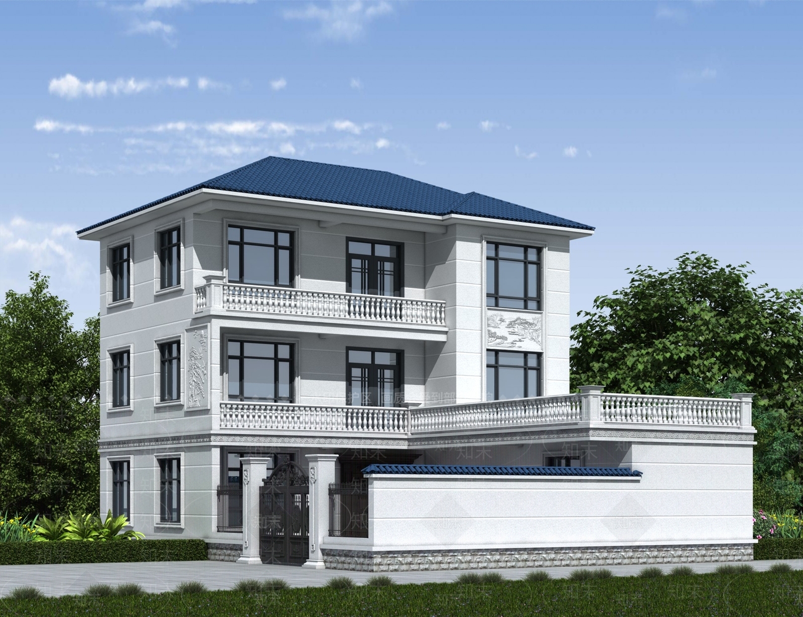 新中式别墅外观3D模型下载【ID:1190131224】