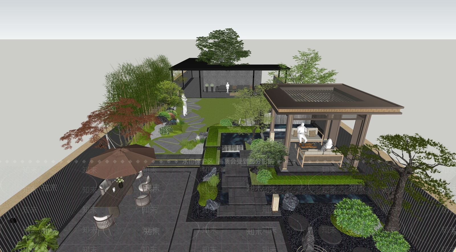 新中式屋顶花园SU模型下载【ID:1190148696】
