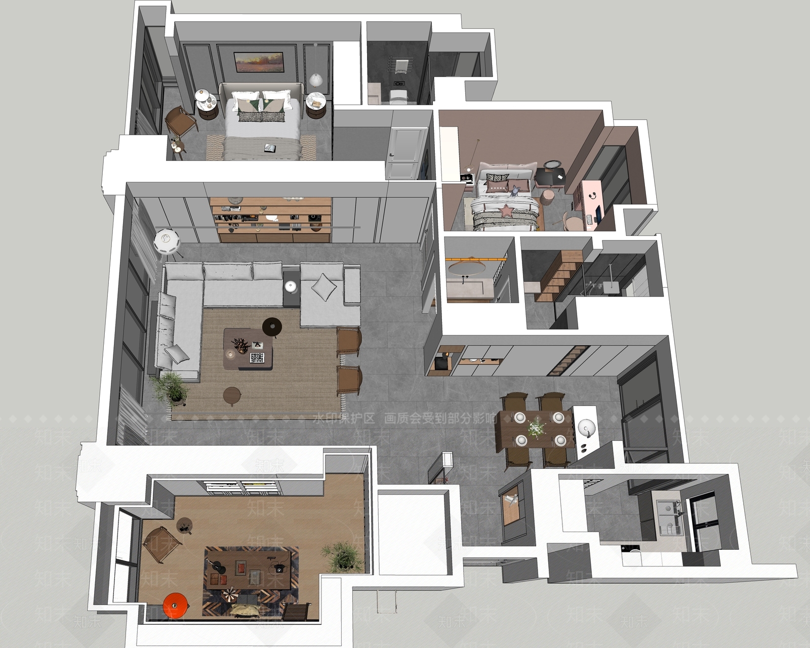 现代中古家装鸟瞰SU模型下载【ID:1190154409】