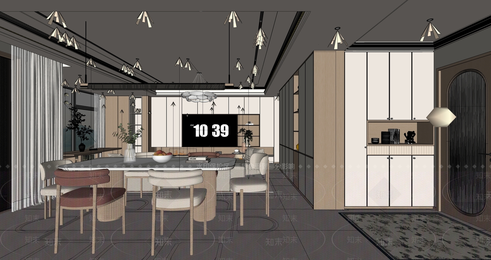 现代奶油客餐厅SU模型下载【ID:1190154081】