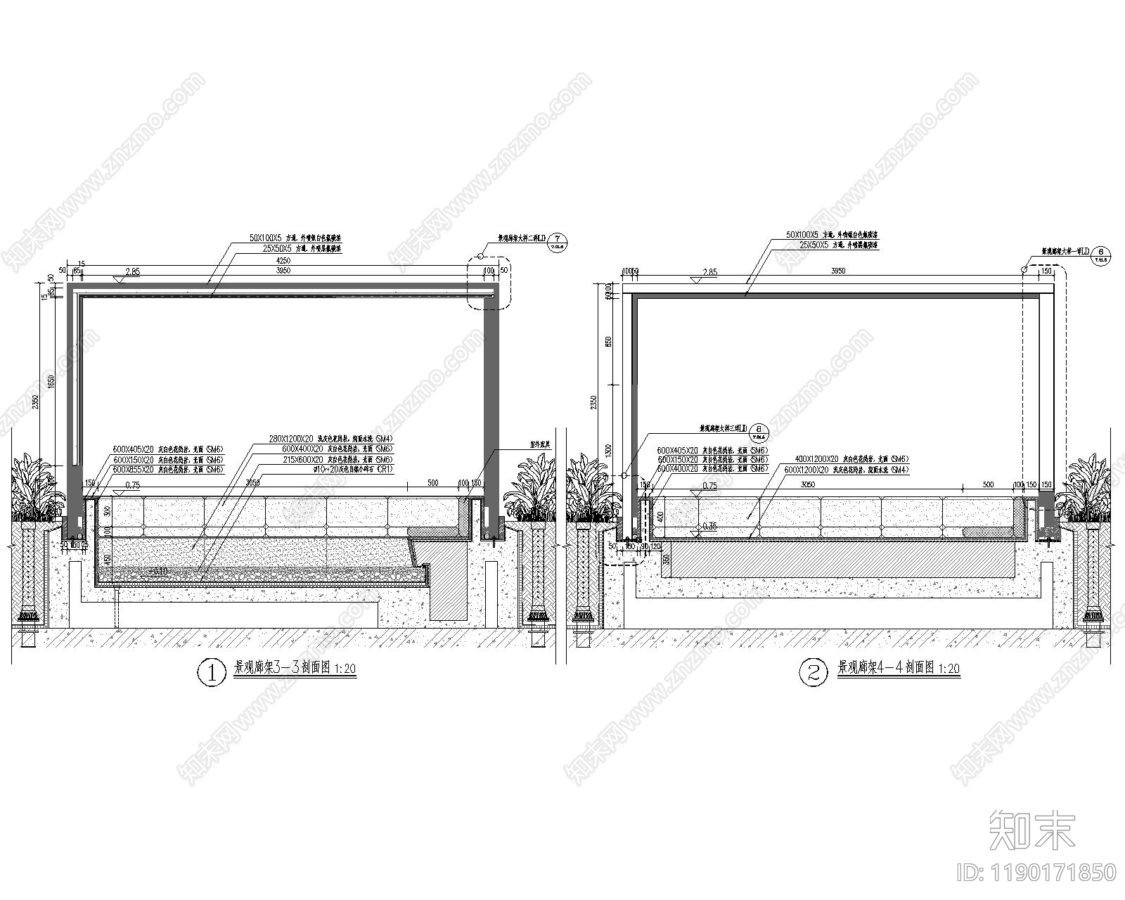 现代廊架cad施工图下载【ID:1190171850】
