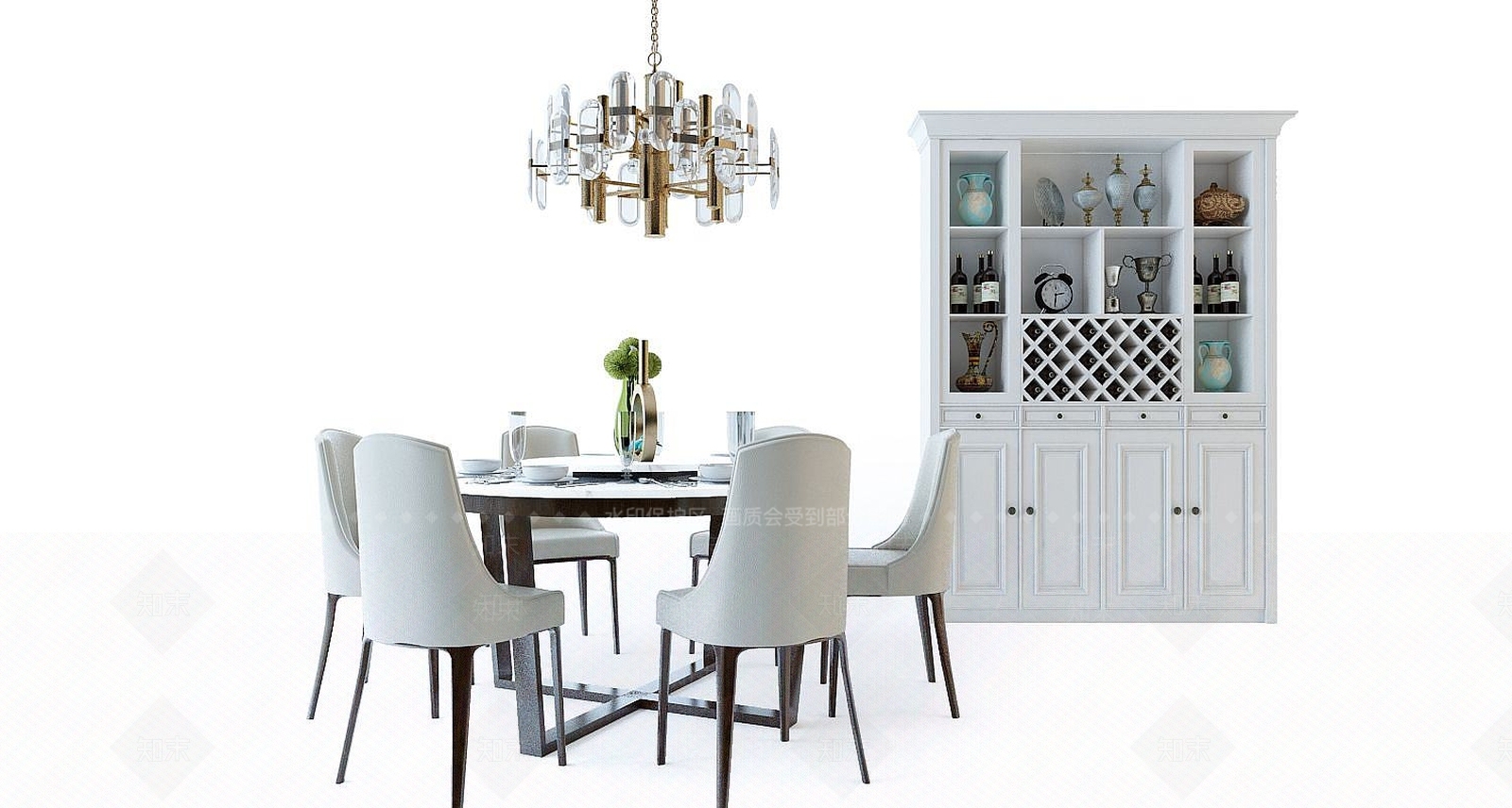 简欧餐桌椅组合酒柜3D模型下载【ID:1190180486】