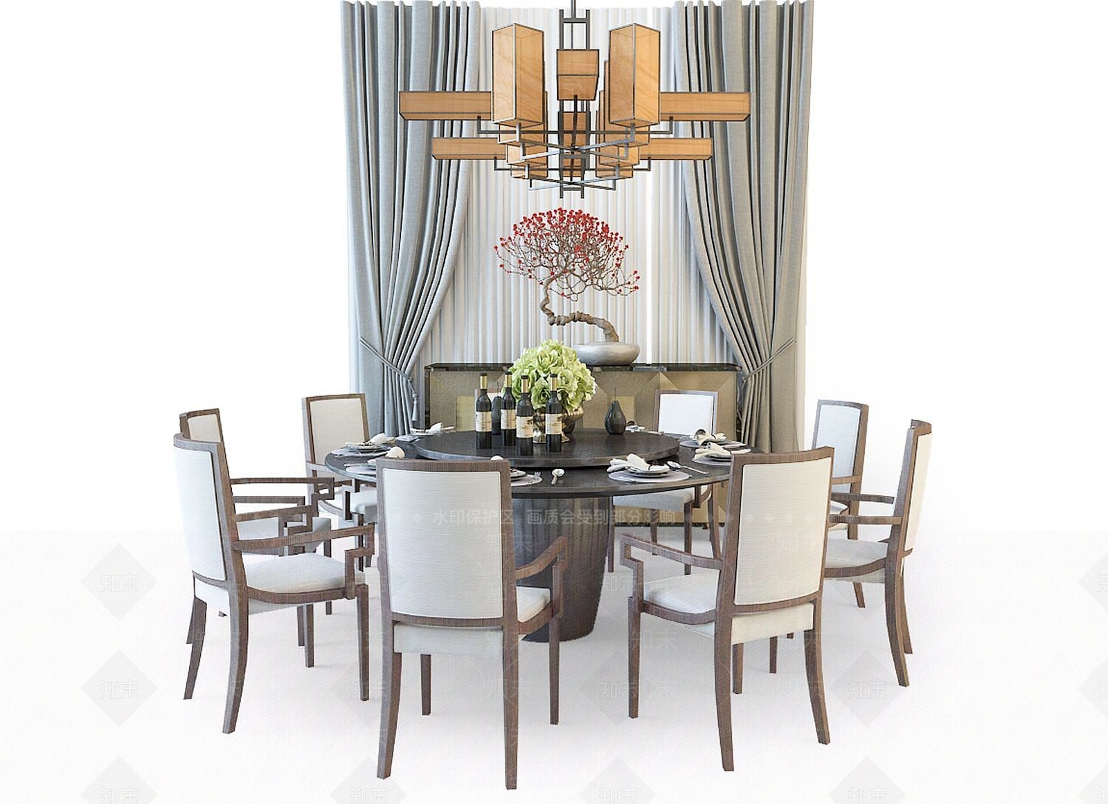 中式餐桌椅组合3D模型下载【ID:1190181675】