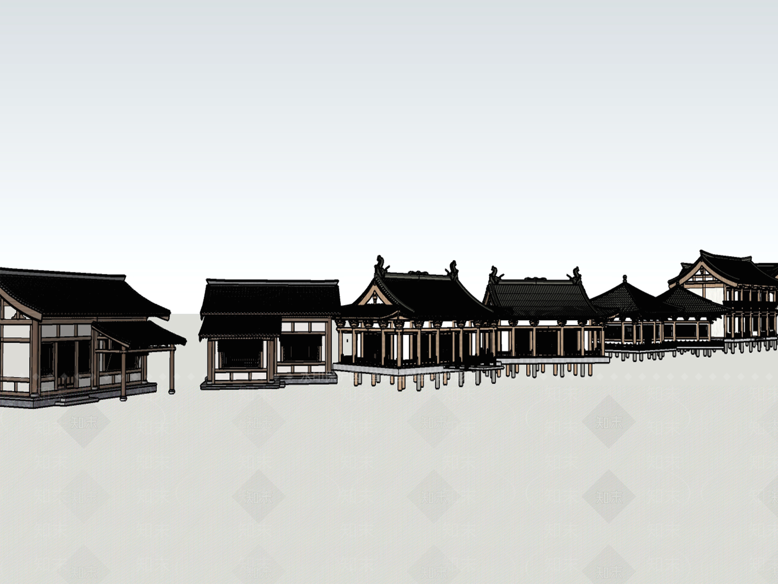 新中式现代古建筑SU模型下载【ID:1190187491】