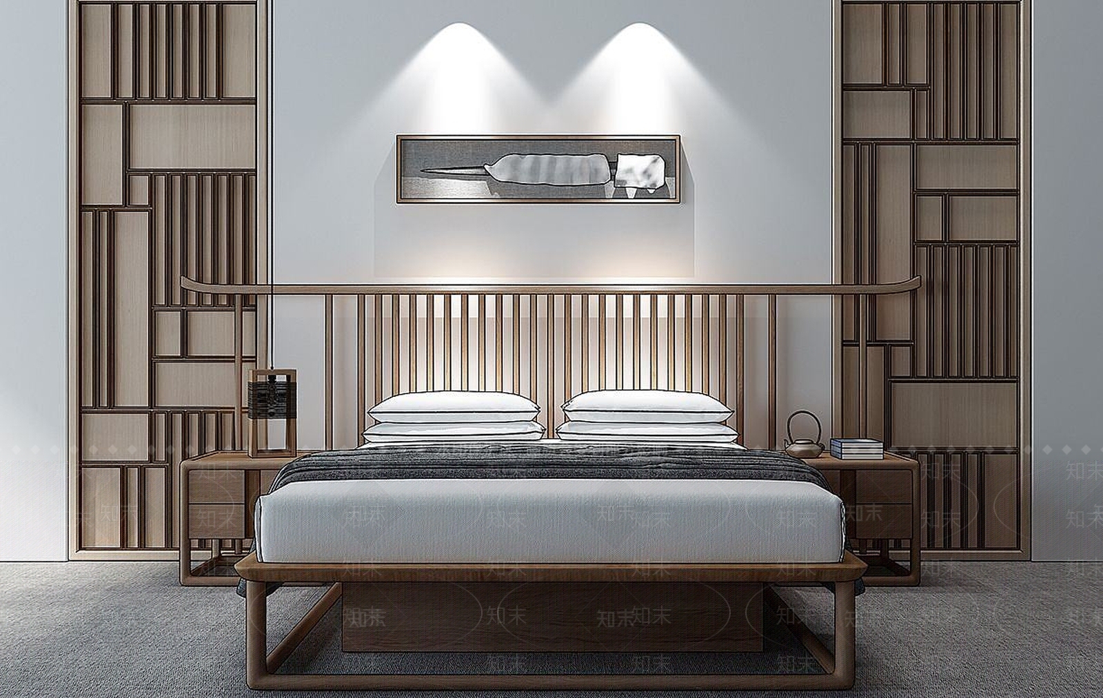 新中式床花格组合3D模型下载【ID:1190187438】