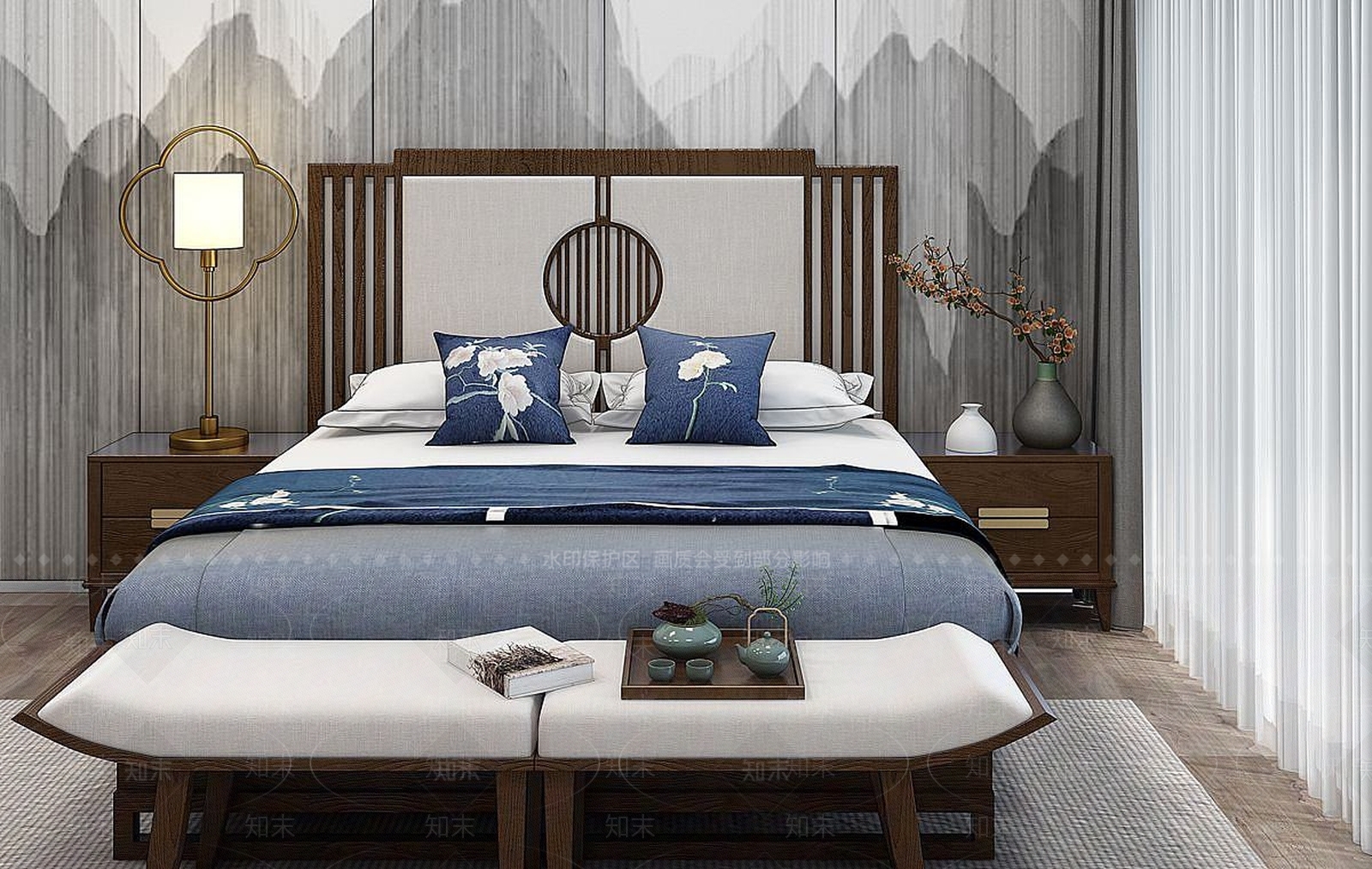 新中式双人床台灯3D模型下载【ID:1190187912】