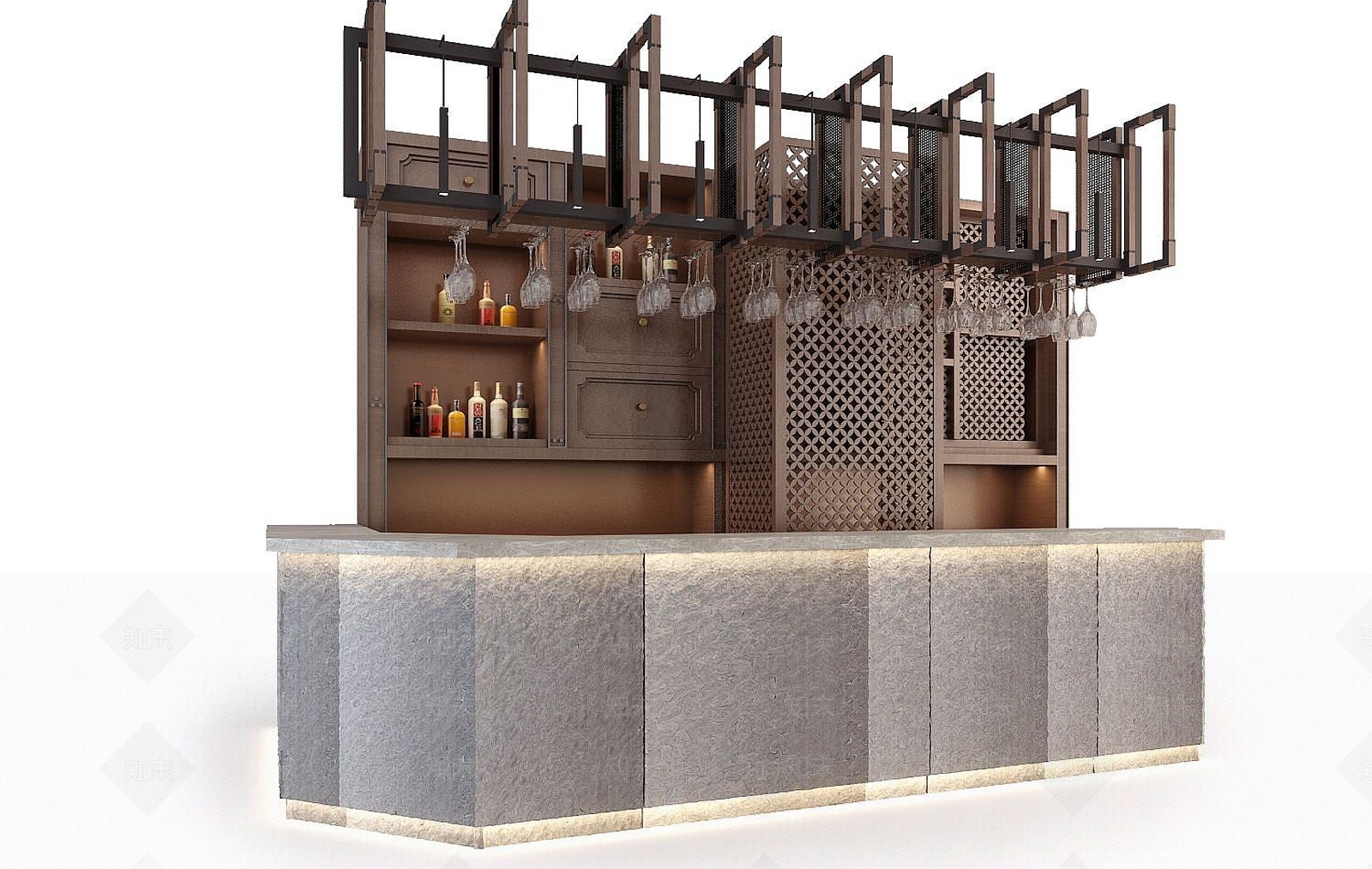 现代吧台及酒柜组合3D模型下载【ID:1190188271】