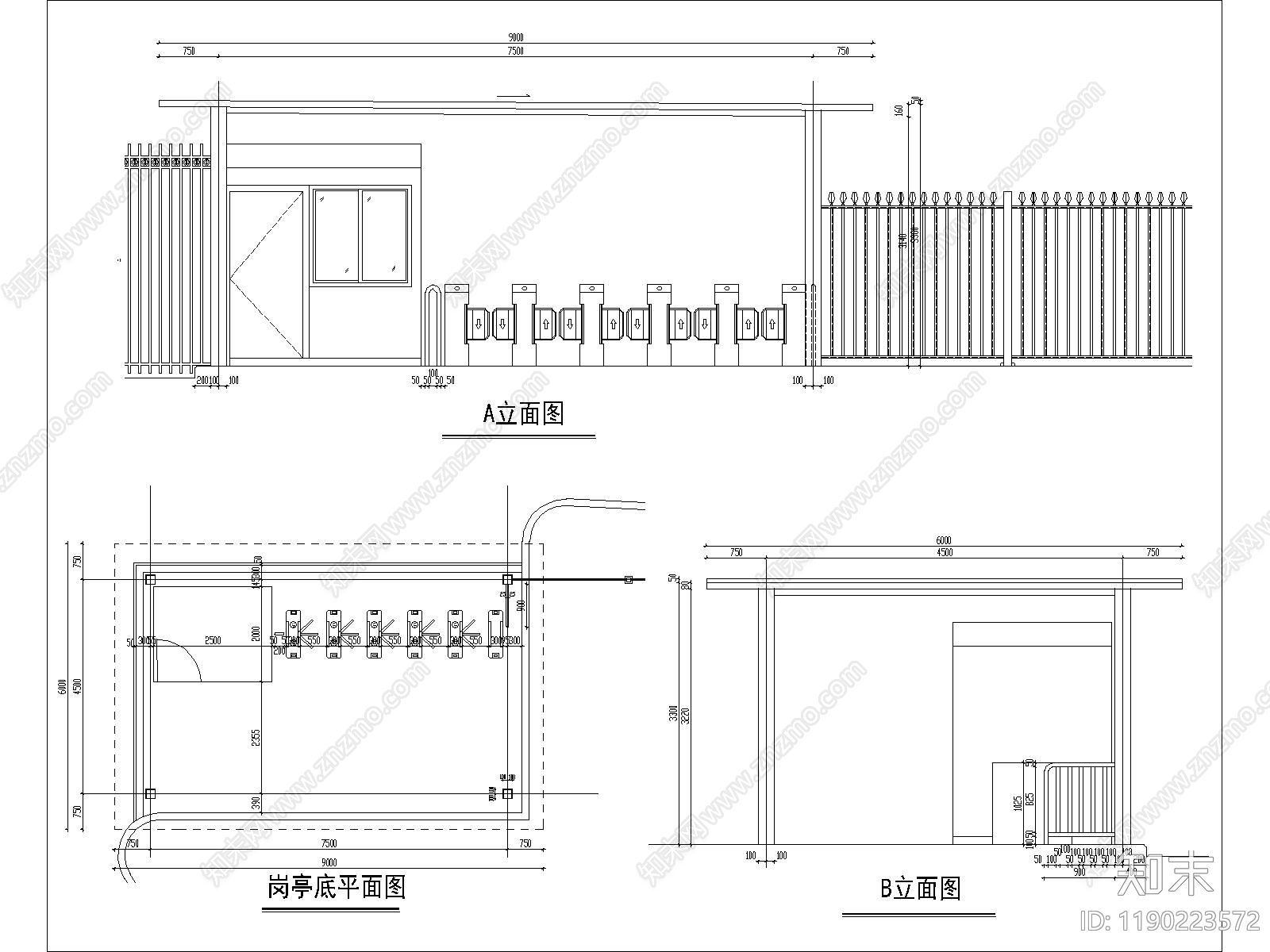 现代门卫室建筑cad施工图下载【ID:1190223572】
