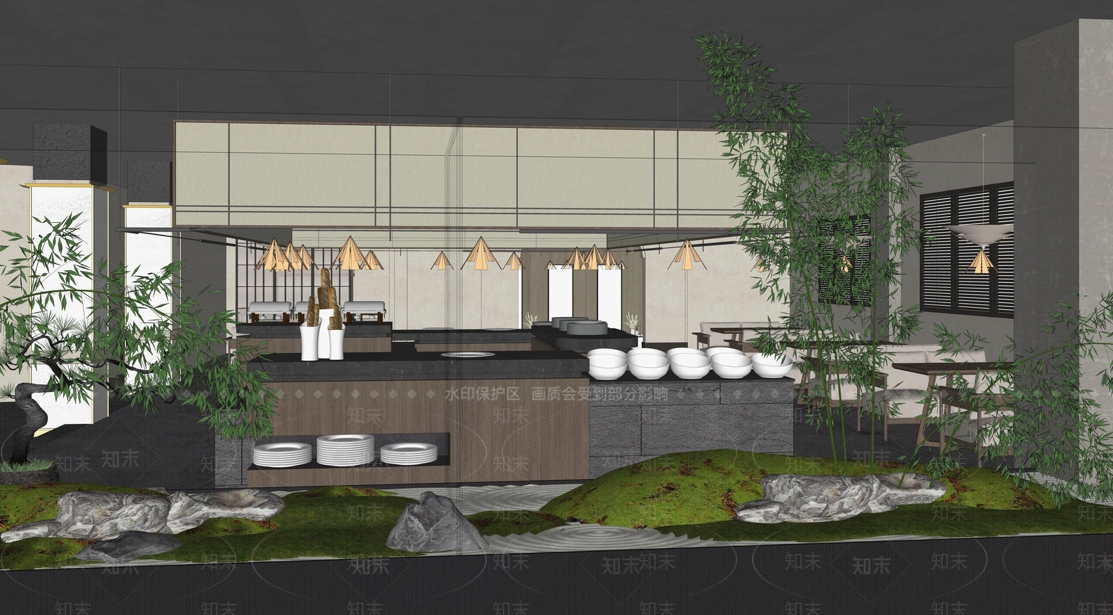 新中式中式自助餐厅SU模型下载【ID:1190289440】