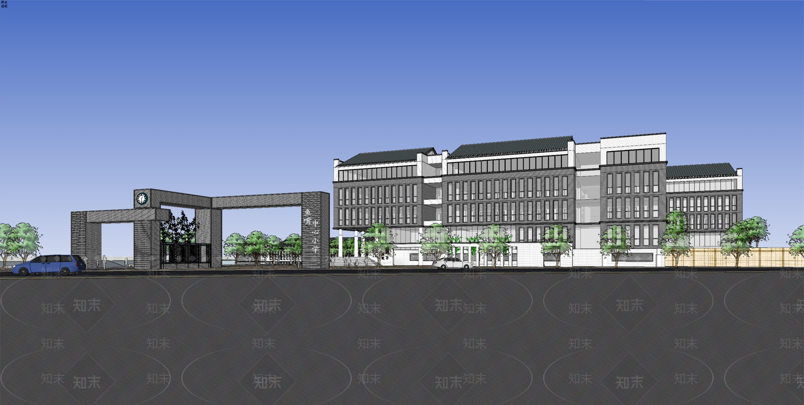 新中式学校建筑SU模型下载【ID:1190294734】