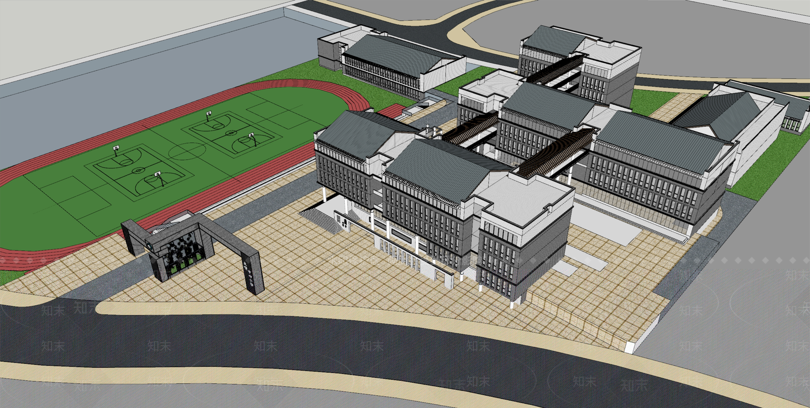 新中式学校建筑SU模型下载【ID:1190294734】