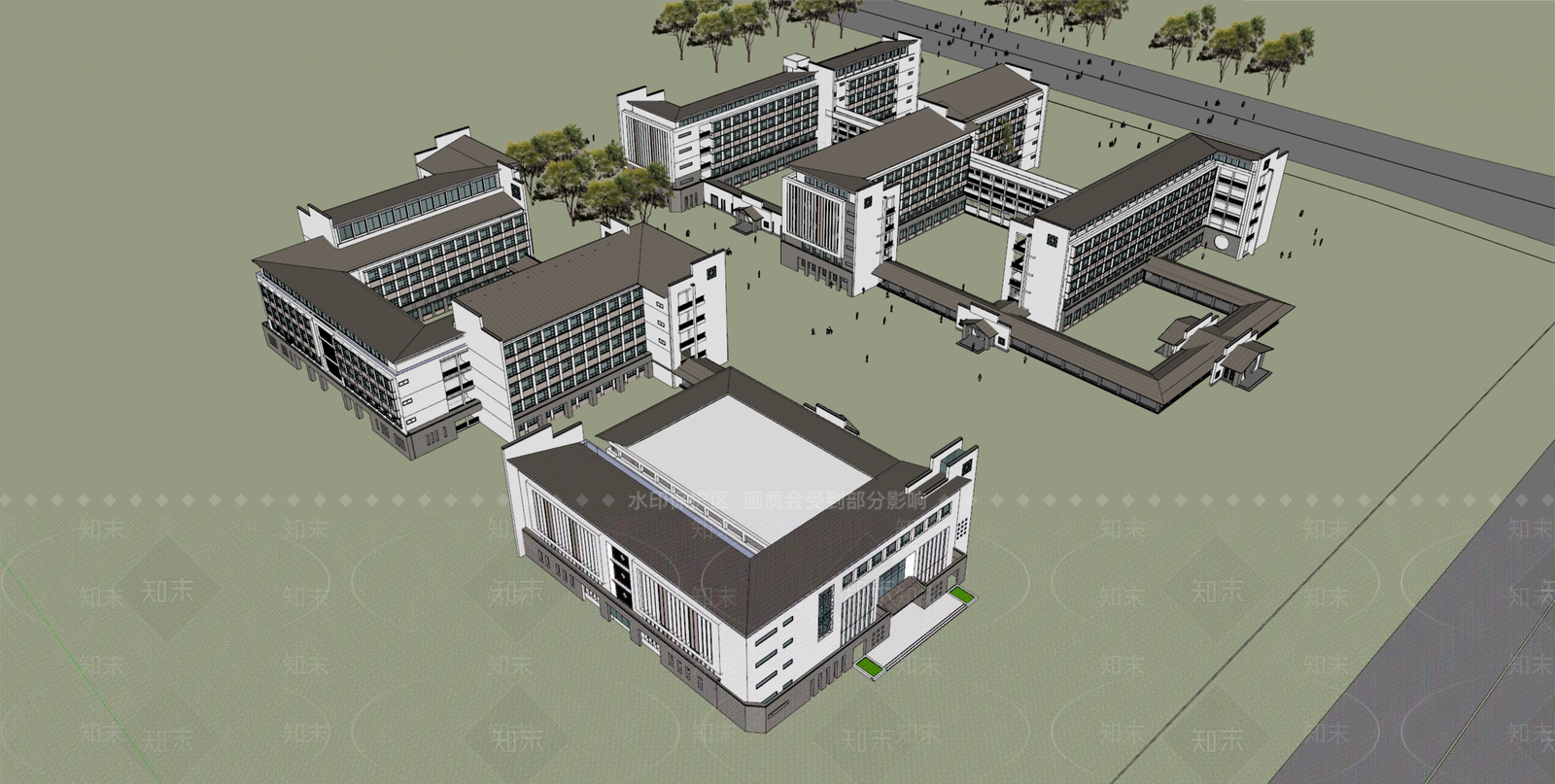 现代新中式学校建筑SU模型下载【ID:1190299429】