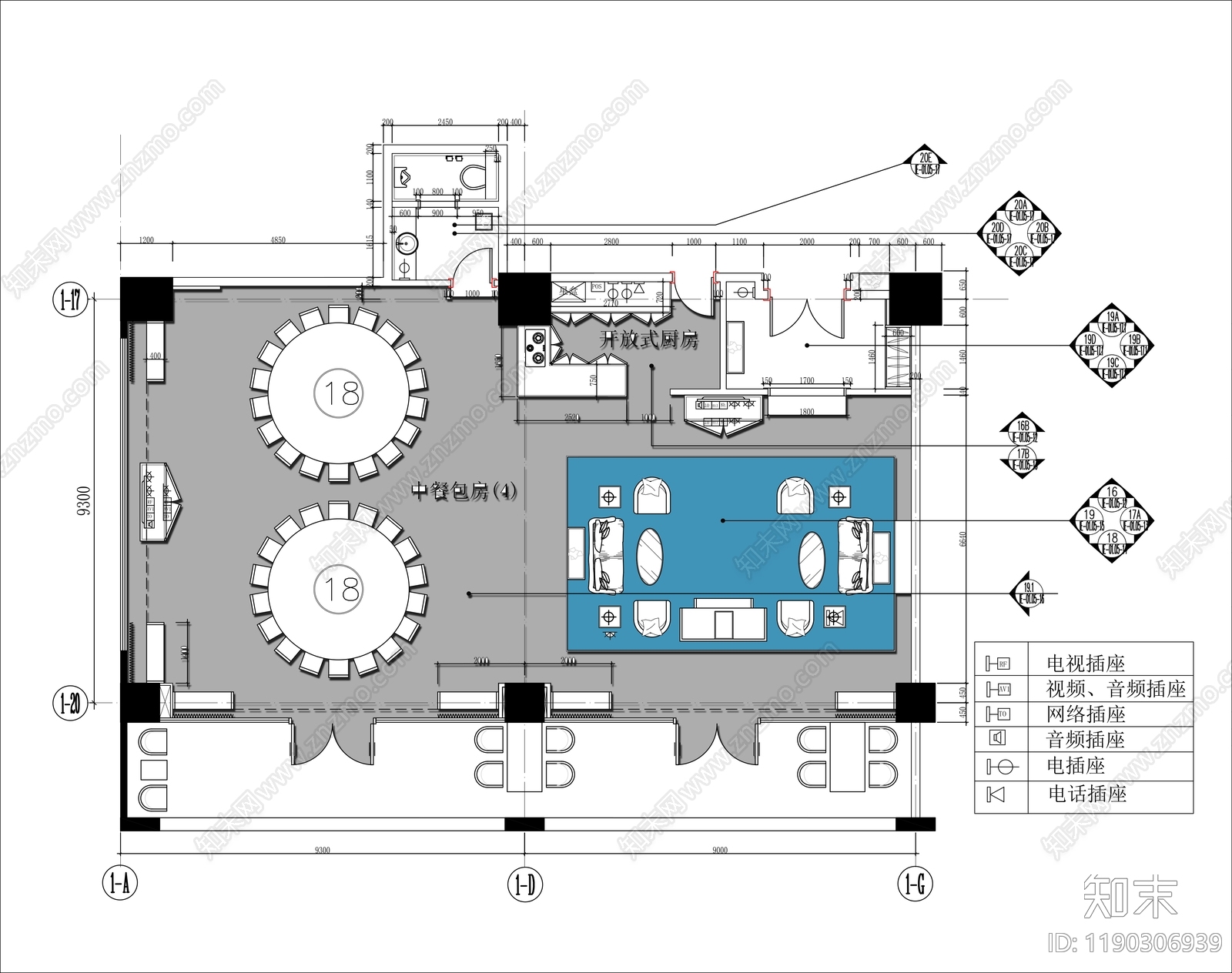 现代新中式中餐厅cad施工图下载【ID:1190306939】