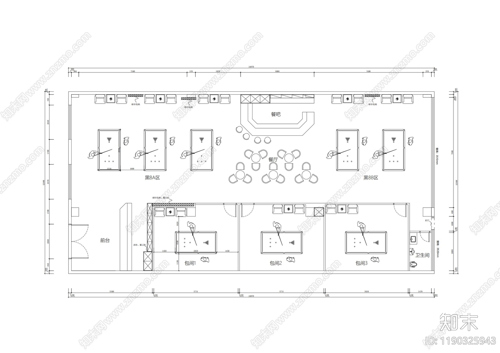 现代台球厅施工图下载【ID:1190325943】