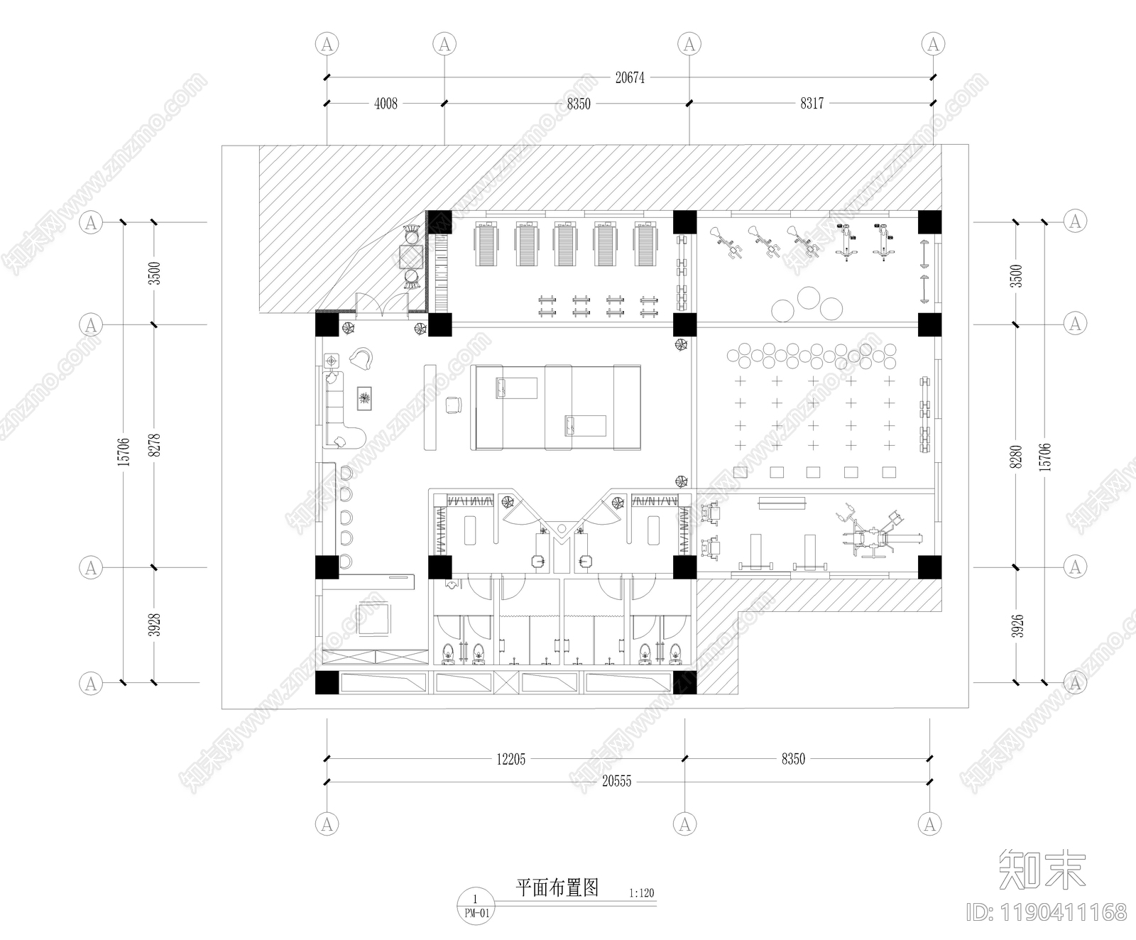 现代健身房cad施工图下载【ID:1190411168】
