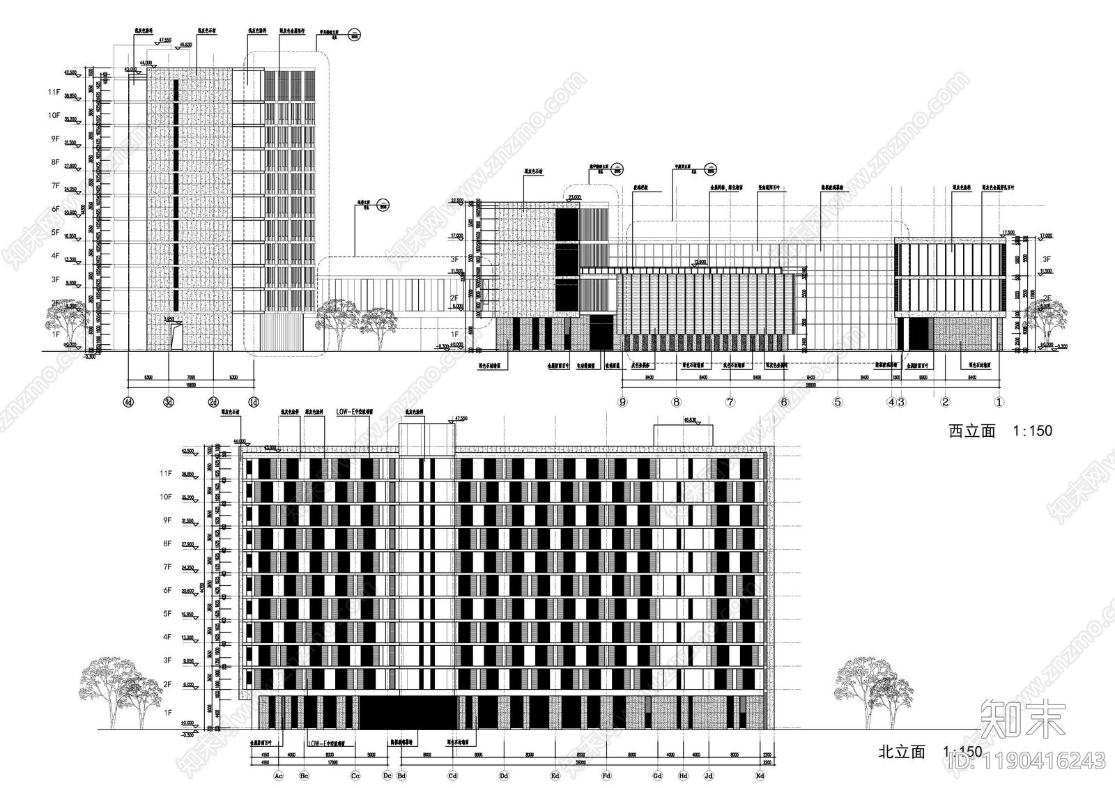 现代办公楼建筑cad施工图下载【ID:1190416243】