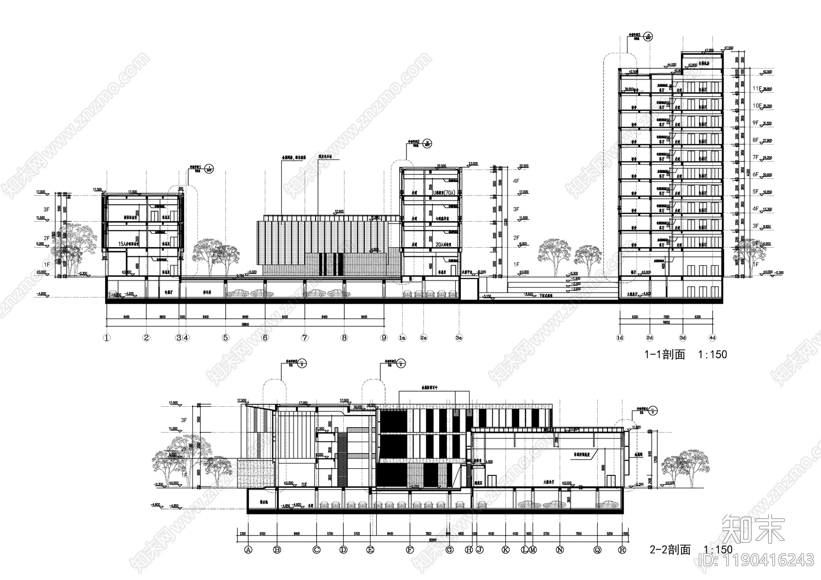 现代办公楼建筑cad施工图下载【ID:1190416243】
