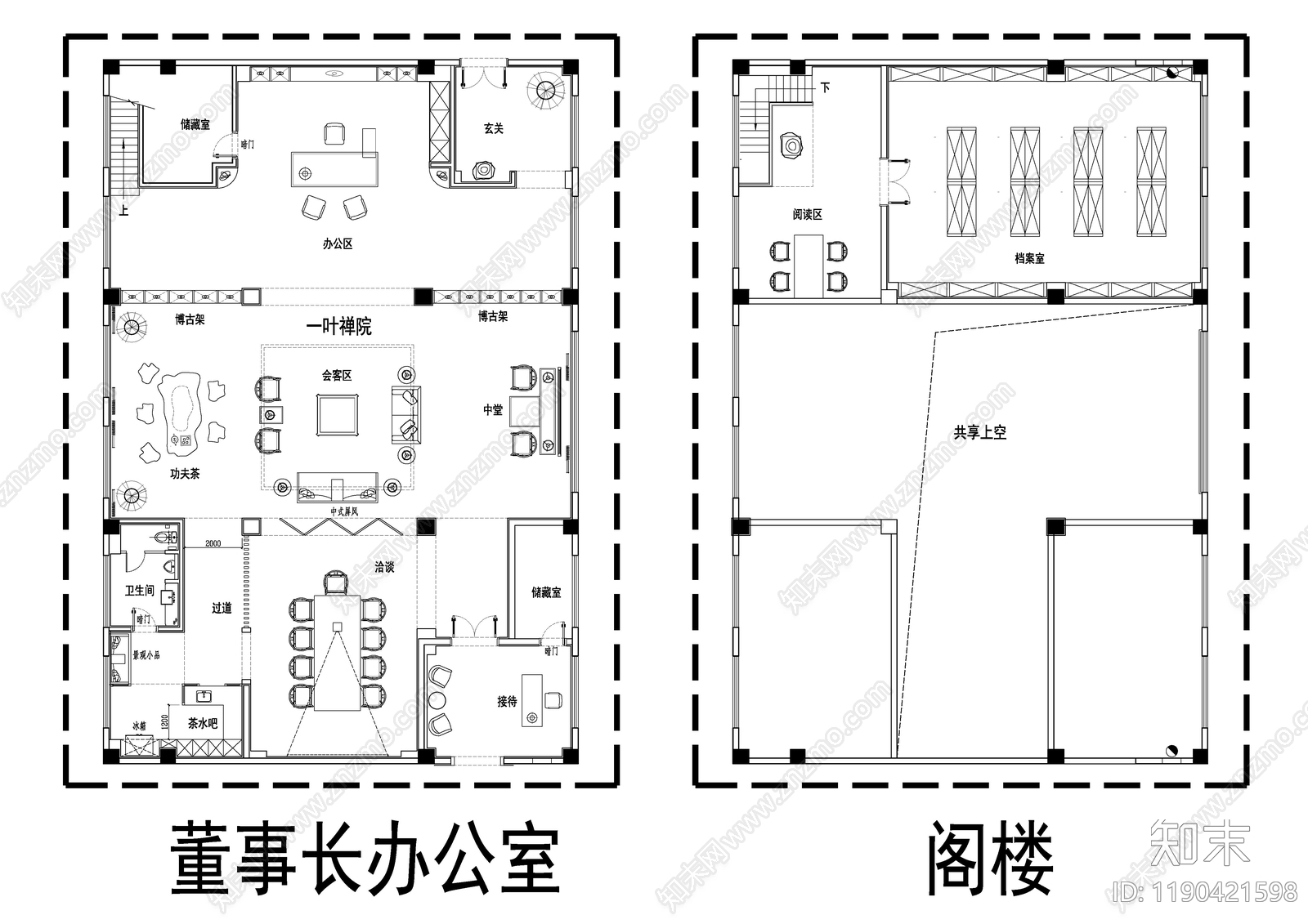 现代新中式独立办公室cad施工图下载【ID:1190421598】