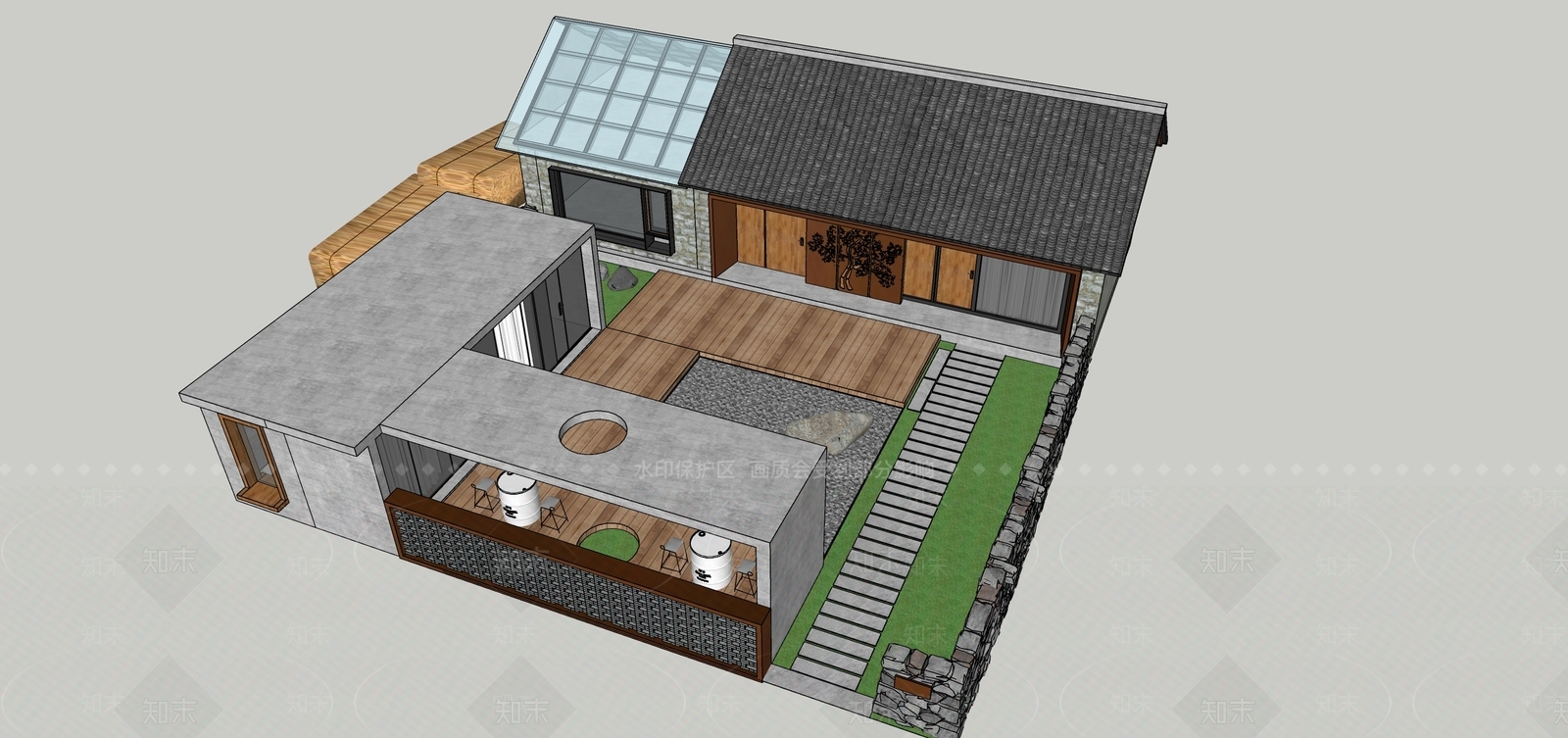 新中式现代民宿建筑SU模型下载【ID:1190426500】