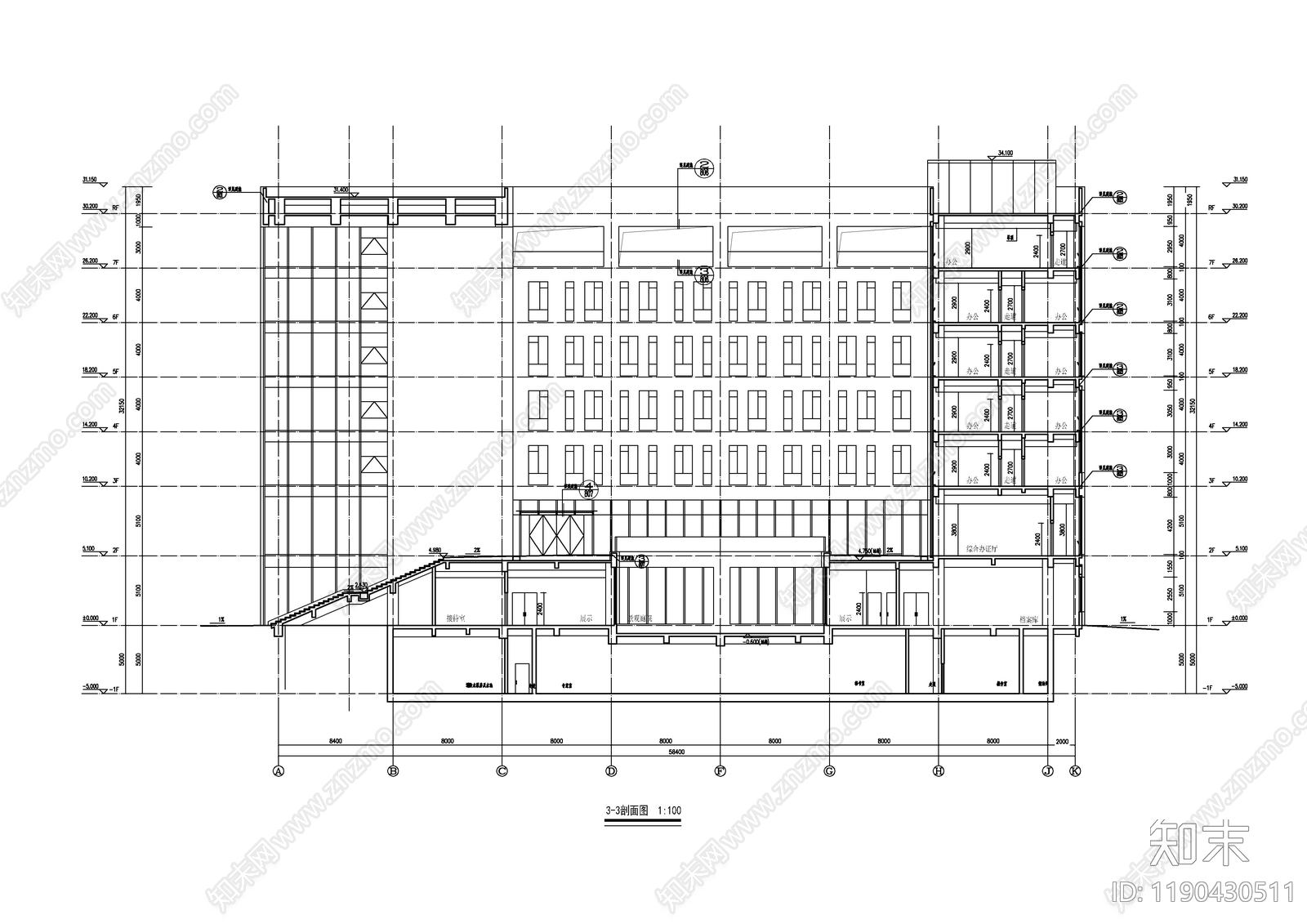 现代办公楼建筑cad施工图下载【ID:1190430511】