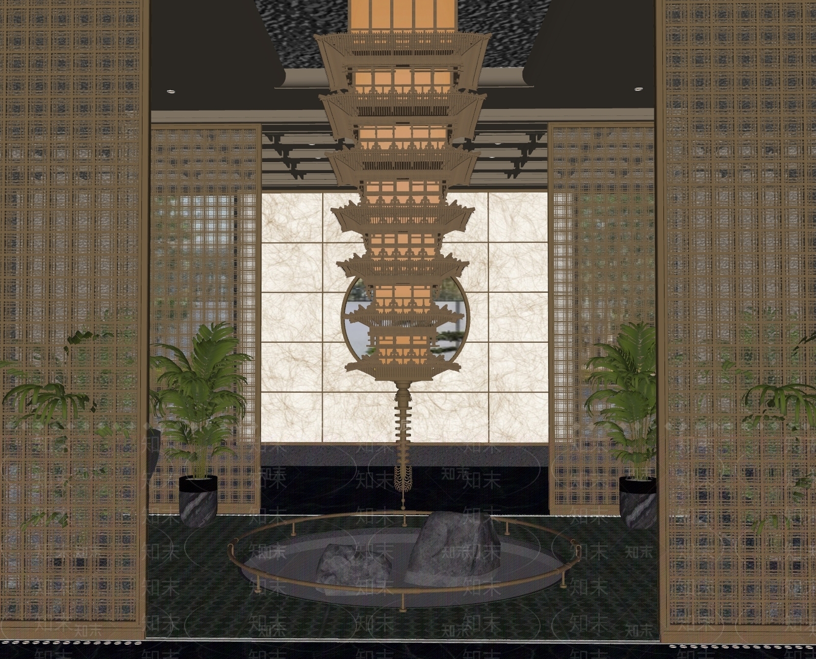 新中式酒店大堂SU模型下载【ID:1190442213】