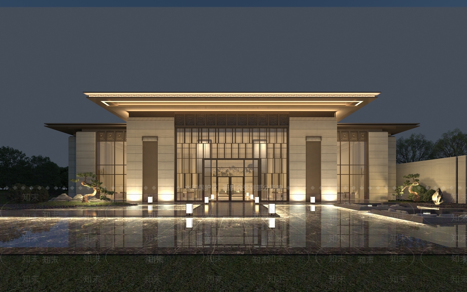 现代新中式售楼处外观3D模型下载【ID:1190449546】