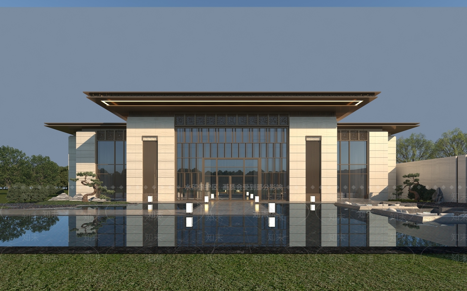 现代新中式售楼处外观3D模型下载【ID:1190449546】
